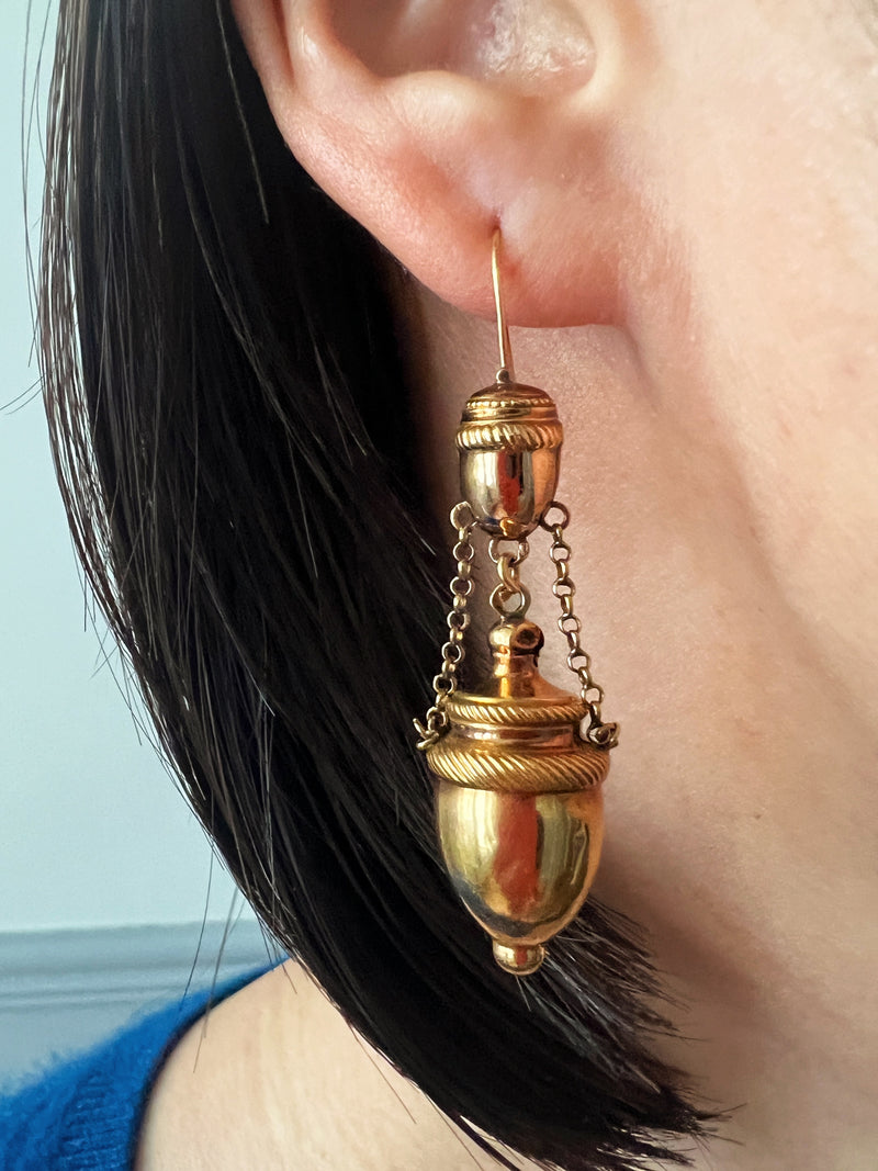 Antique 18K gold Etruscan Revival amphora drop earrings