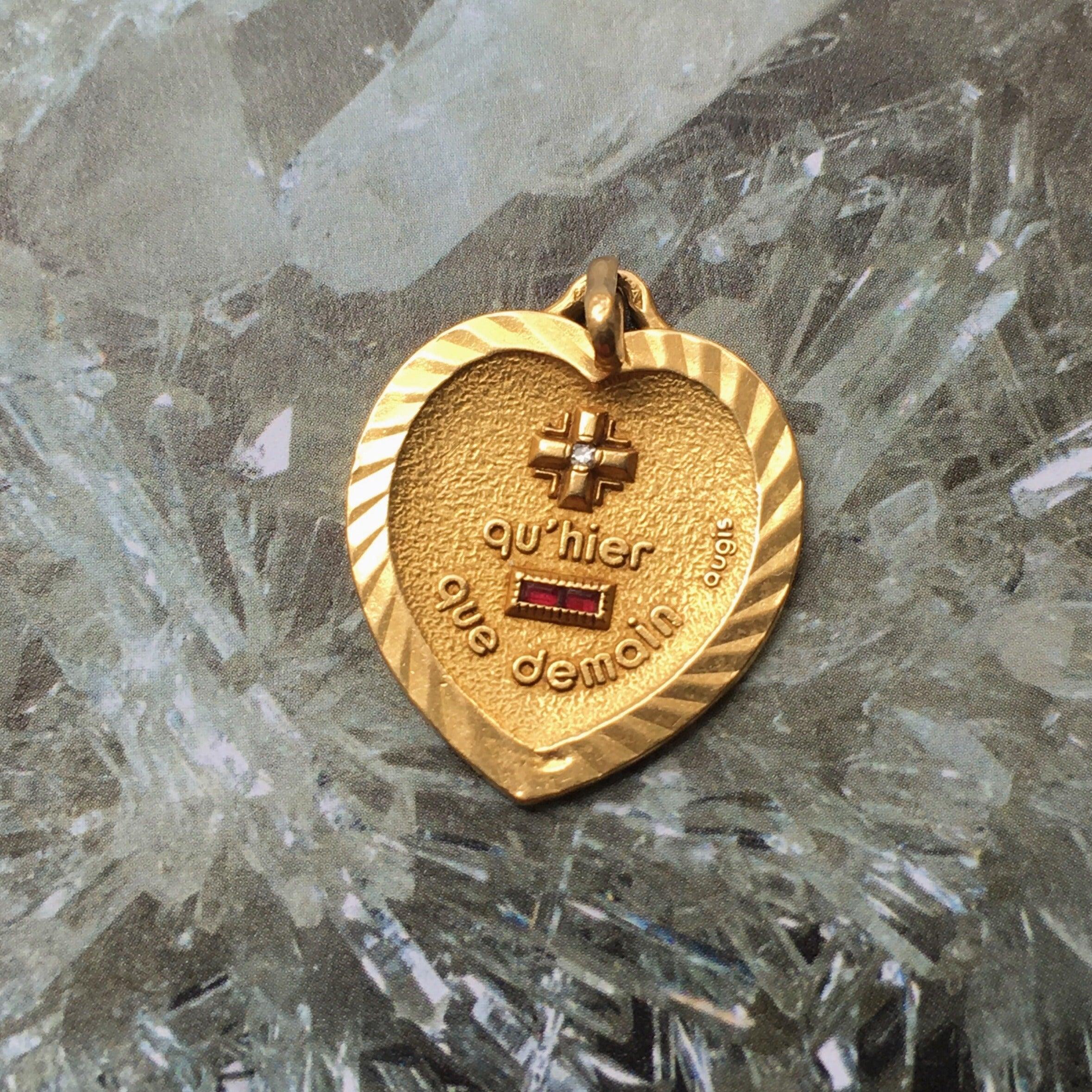 Lovely Augis 18K gold “more than yesterday, less than tomorrow” heart shape pendant medal - Curiously timeless