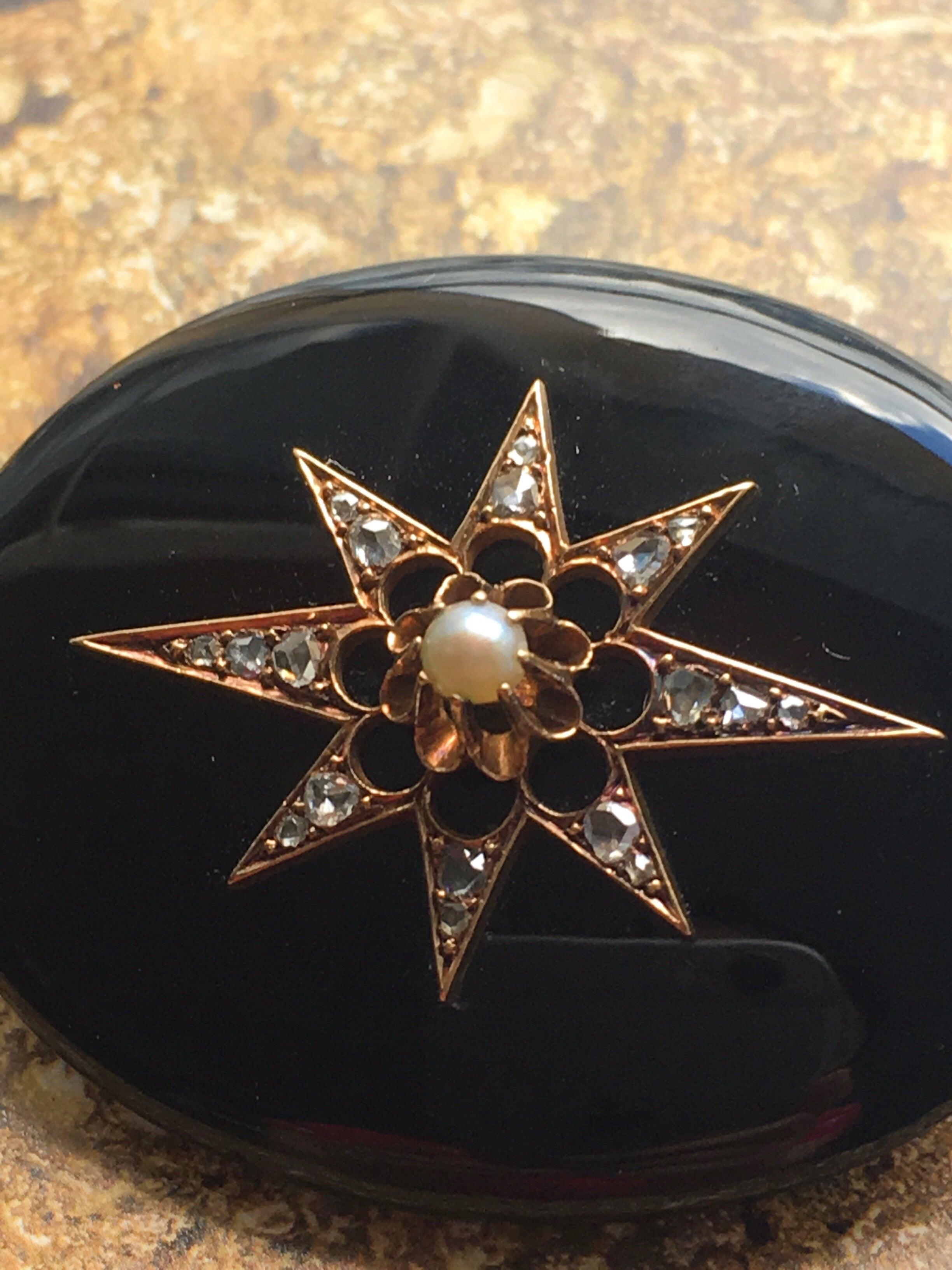 Elegant Victorian era gold diamond pearl onyx star locket brooch - Curiously timeless