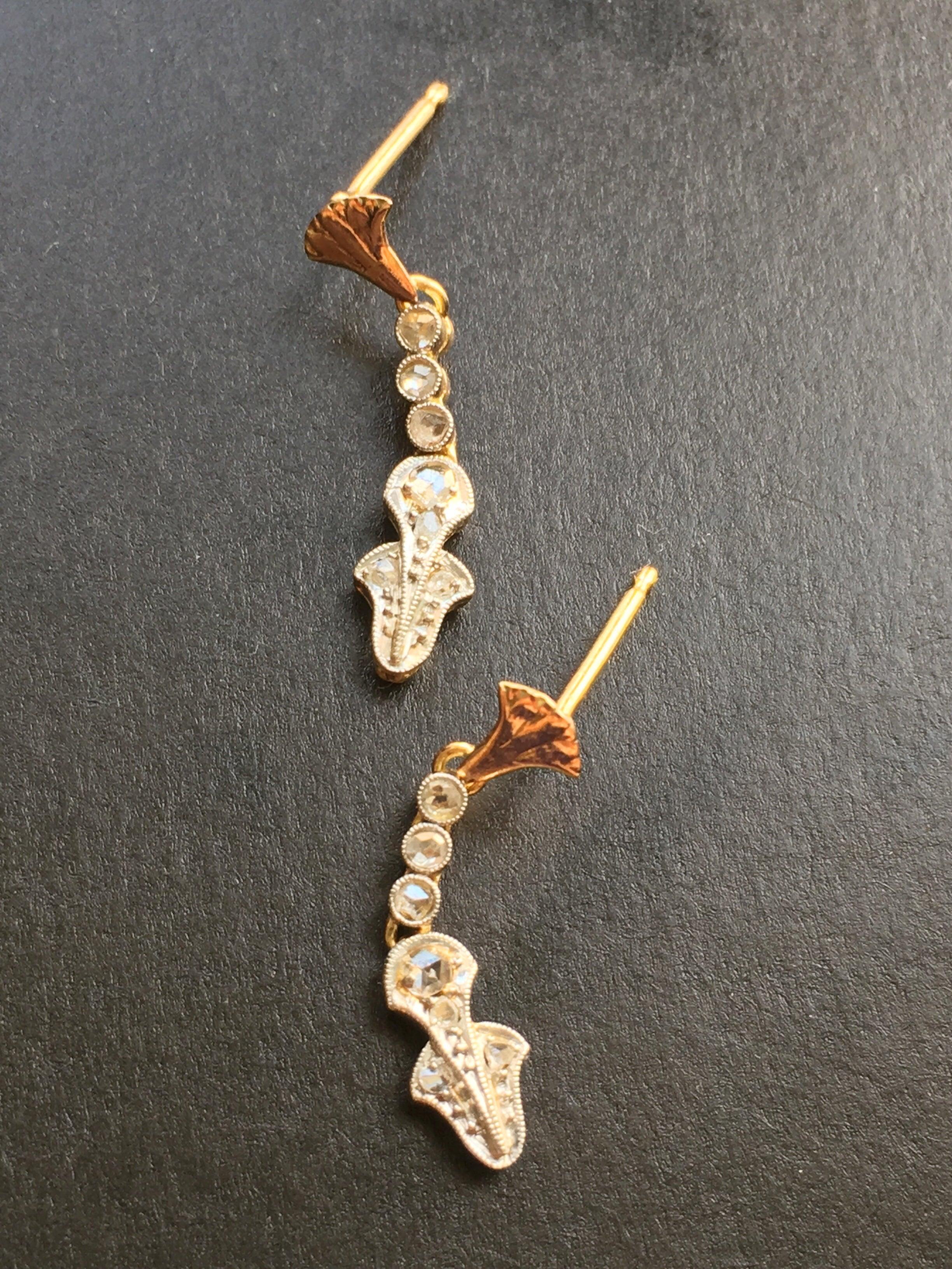 Fancy rose cut diamond 18K gold dropping earrings - Curiously timeless