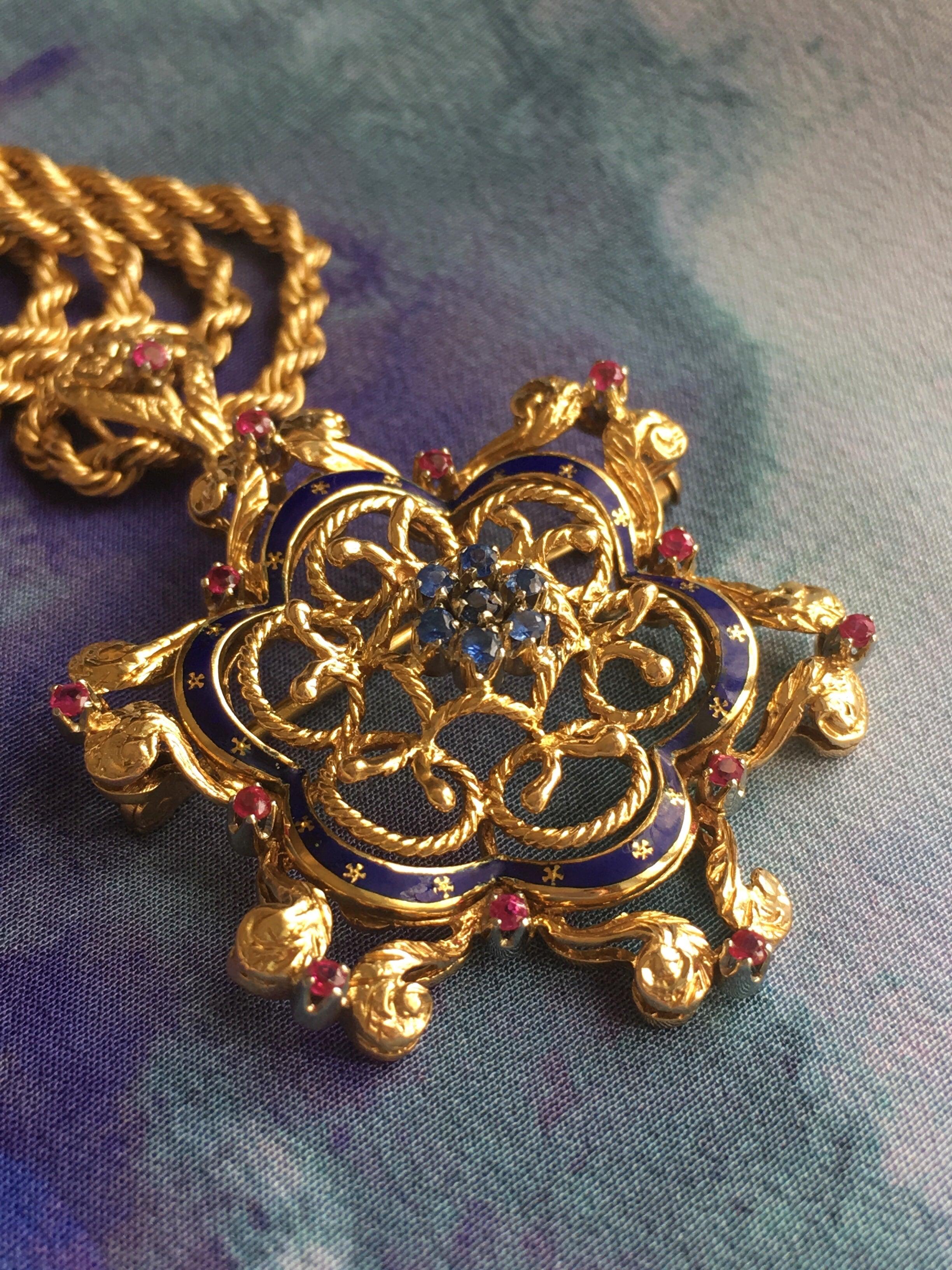 Magnificent Victorian 18K gold sapphire ruby blue enameled pendant brooch with heart shape bail - Curiously timeless