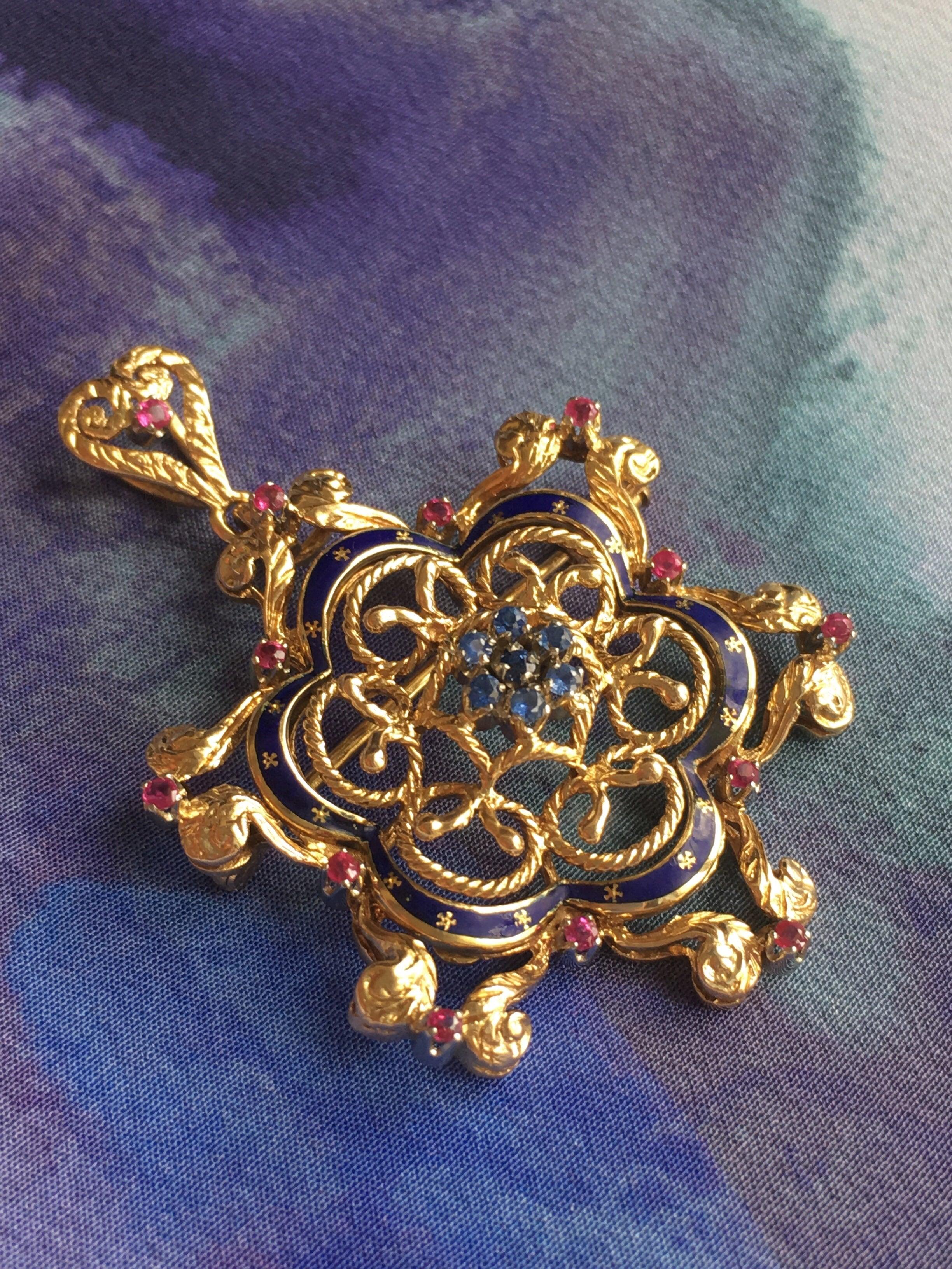 Magnificent Victorian 18K gold sapphire ruby blue enameled pendant brooch with heart shape bail - Curiously timeless