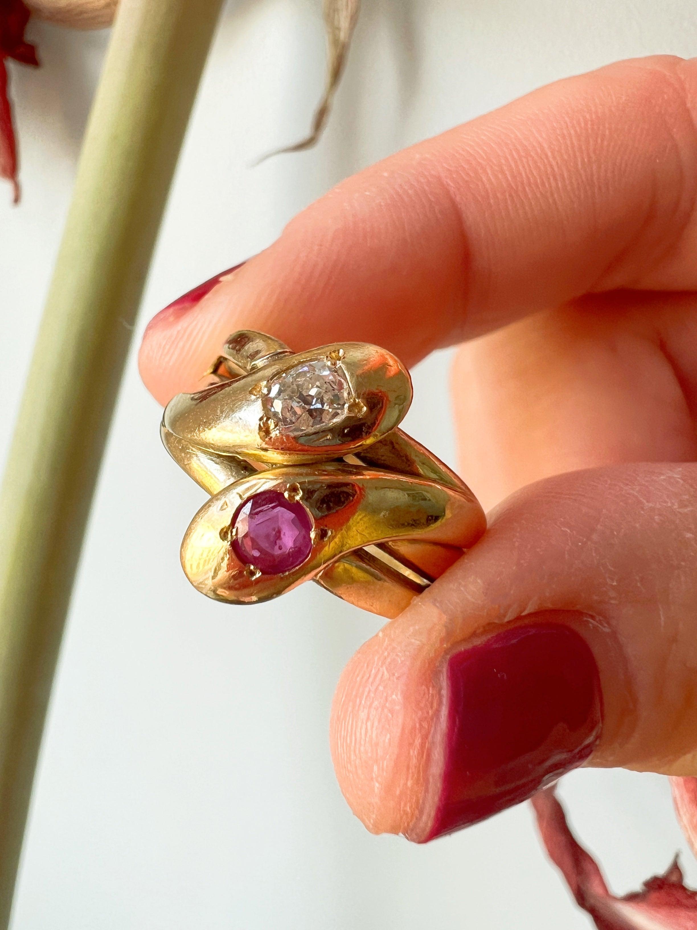 18K yellow gold diamond red ruby double snake ring - Curiously timeless