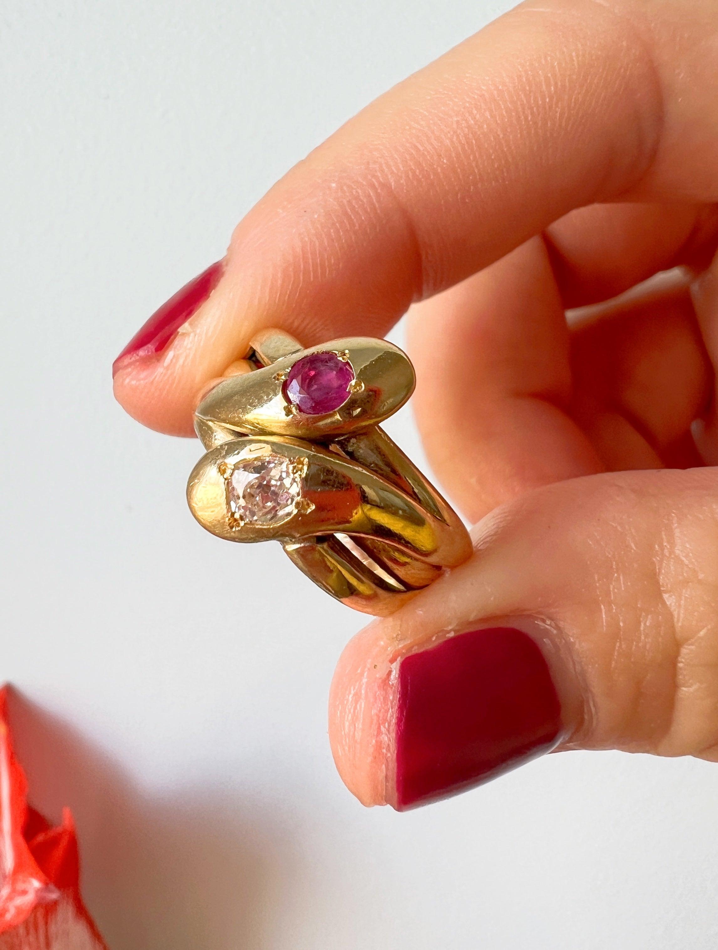 18K yellow gold diamond red ruby double snake ring - Curiously timeless