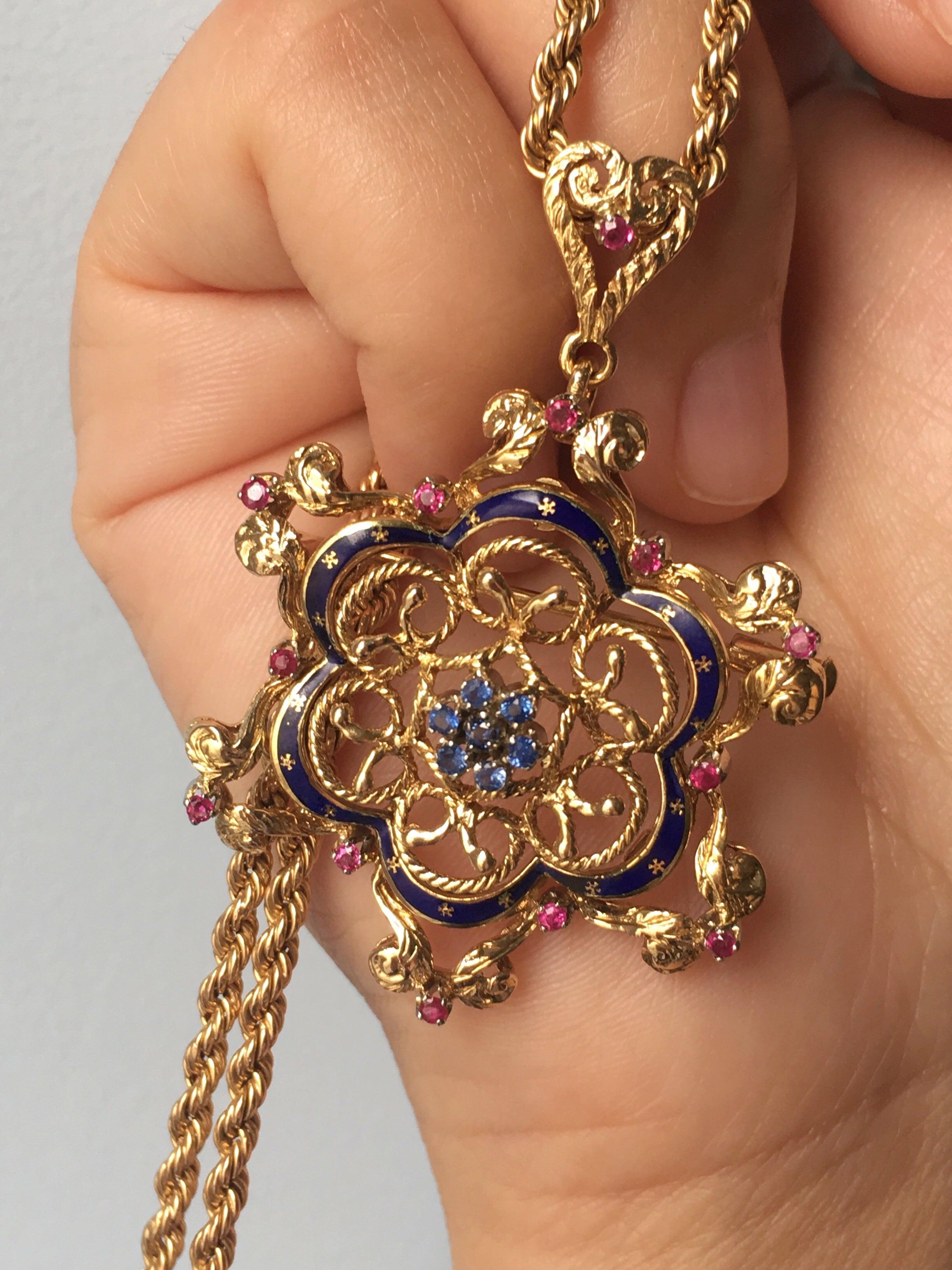 Magnificent Victorian 18K gold sapphire ruby blue enameled pendant brooch with heart shape bail - Curiously timeless