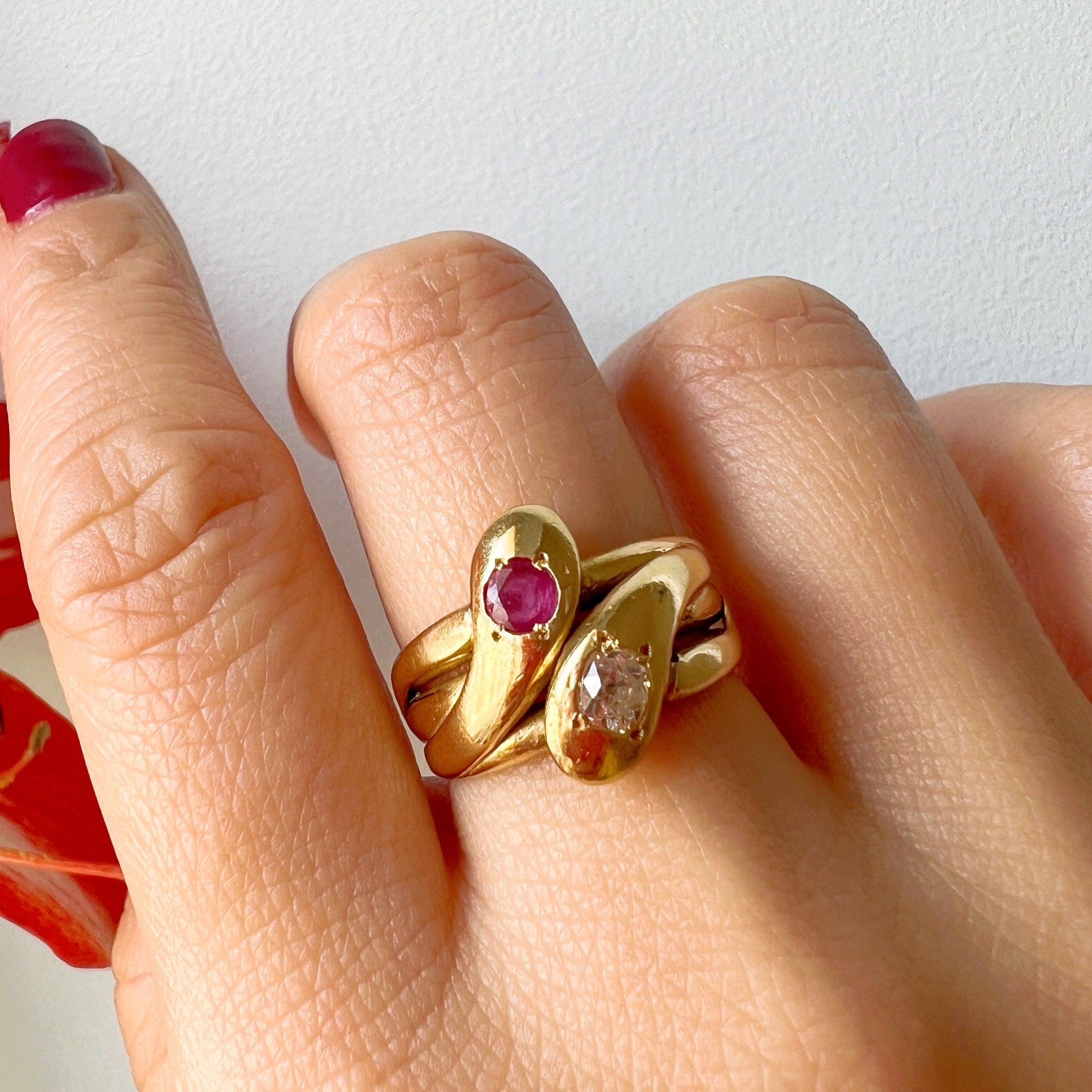 18K yellow gold diamond red ruby double snake ring - Curiously timeless