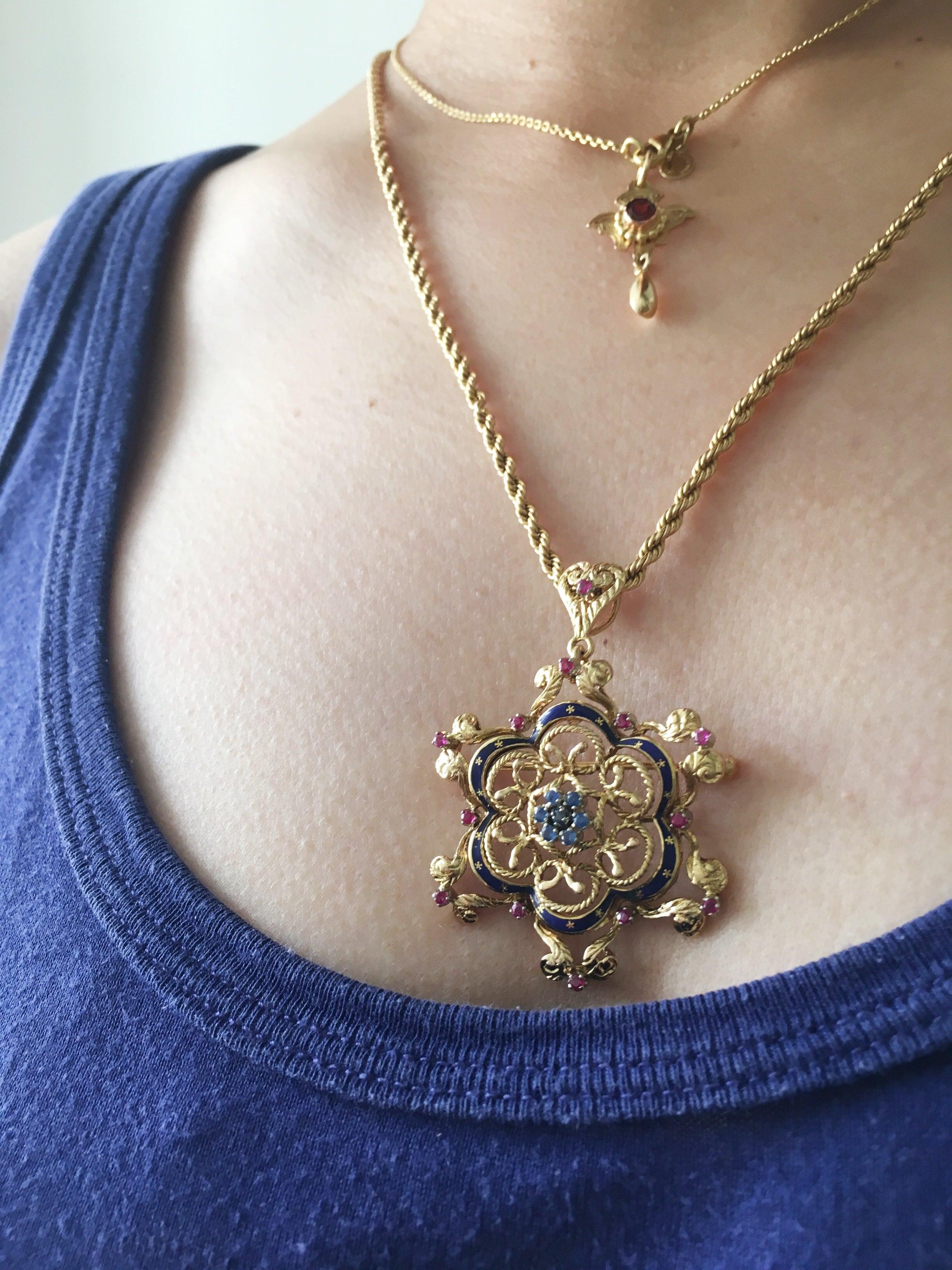 Magnificent Victorian 18K gold sapphire ruby blue enameled pendant brooch with heart shape bail - Curiously timeless