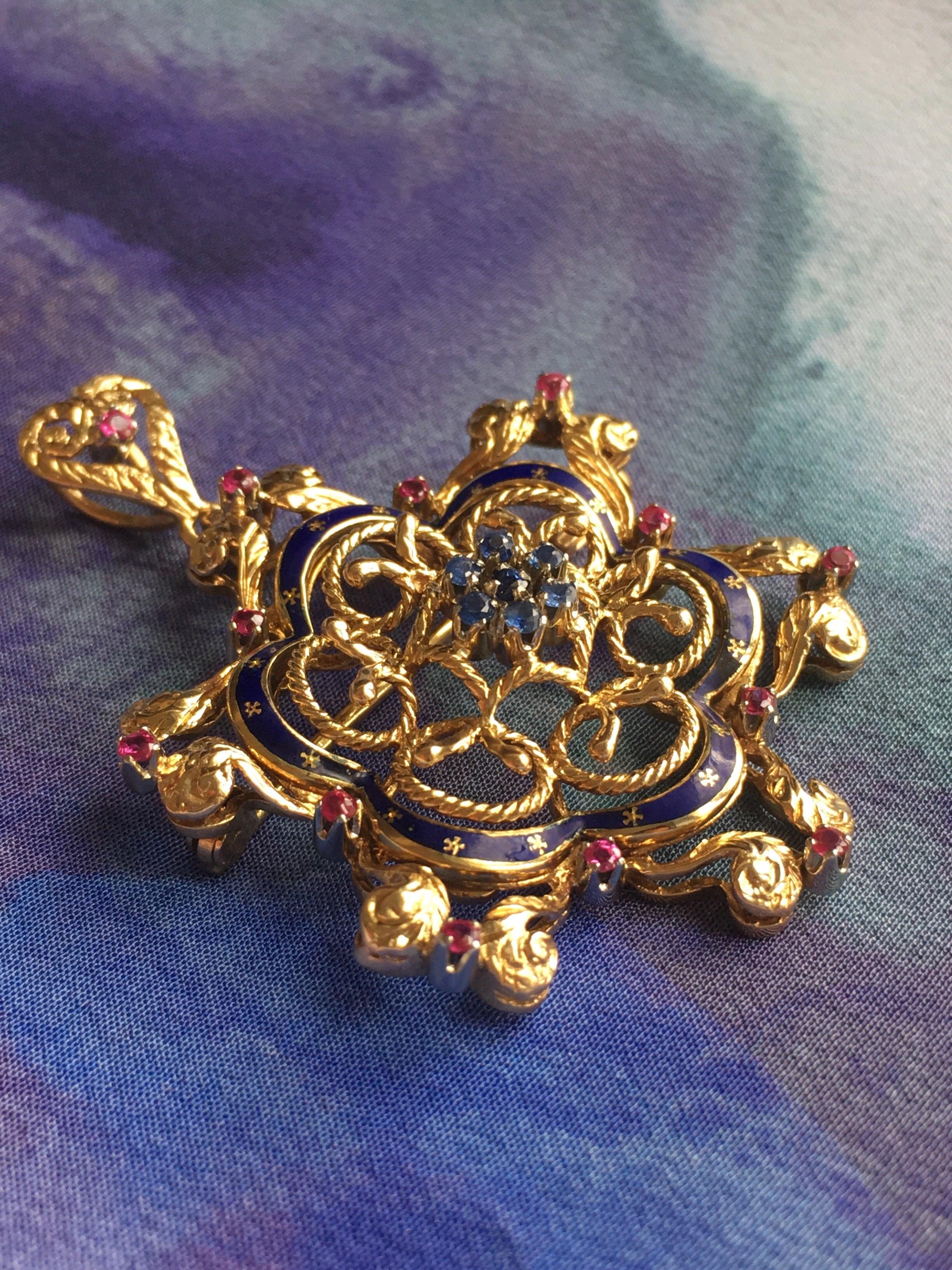 Magnificent Victorian 18K gold sapphire ruby blue enameled pendant brooch with heart shape bail - Curiously timeless