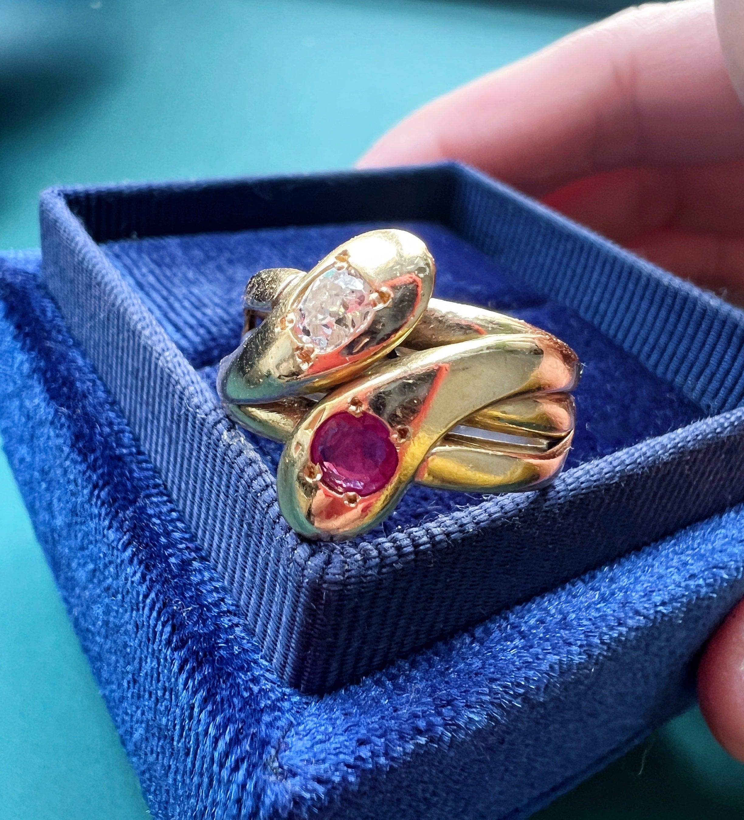 18K yellow gold diamond red ruby double snake ring - Curiously timeless