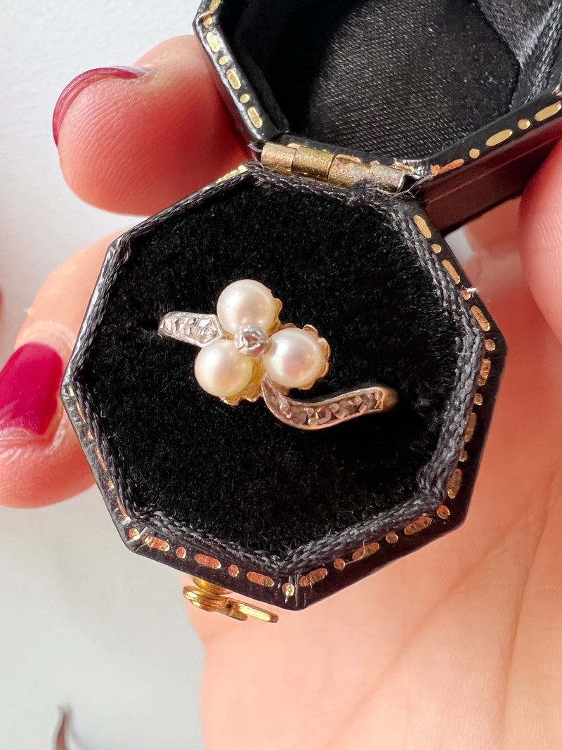 Victorian era 18K gold pearl diamond clover ring