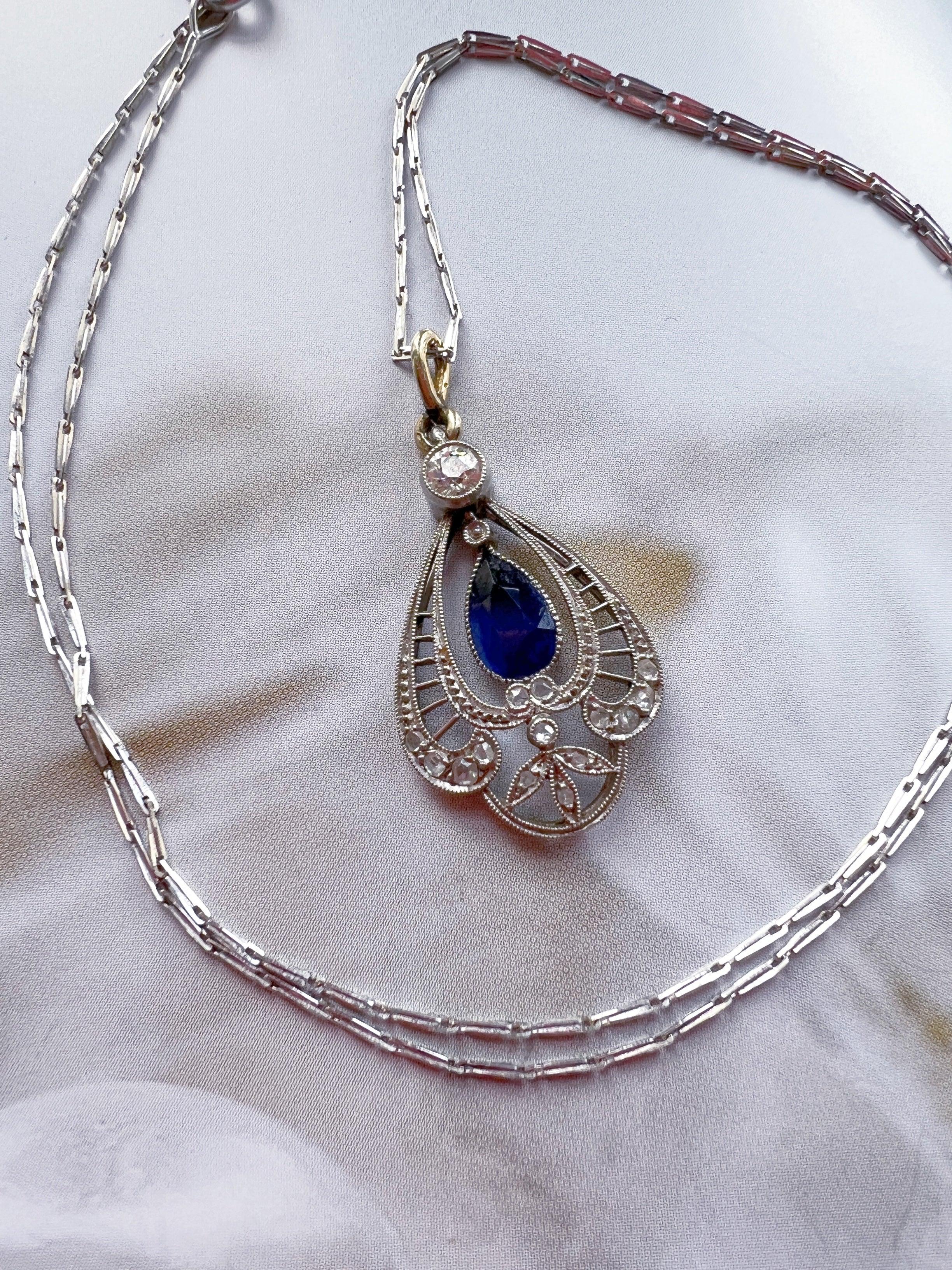 Edwardian era / Belle époque platinum 18K gold diamond blue sapphire necklace - Curiously timeless