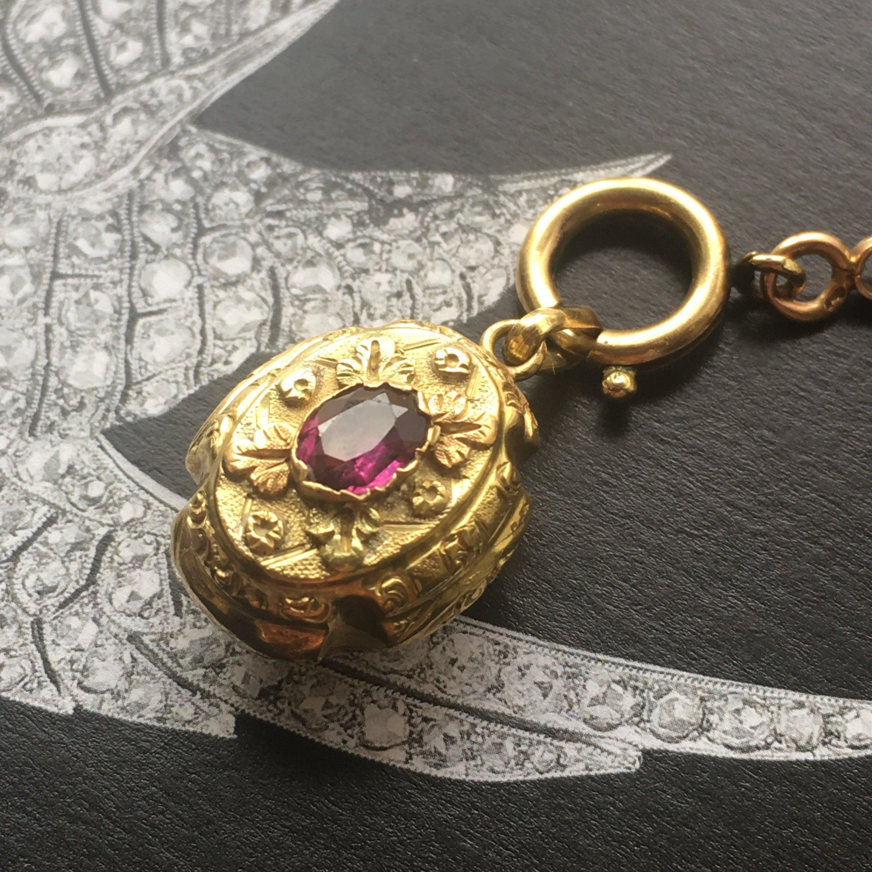 Victorian era doubled side 18K gold garnet floral pendant ball charm - Curiously timeless