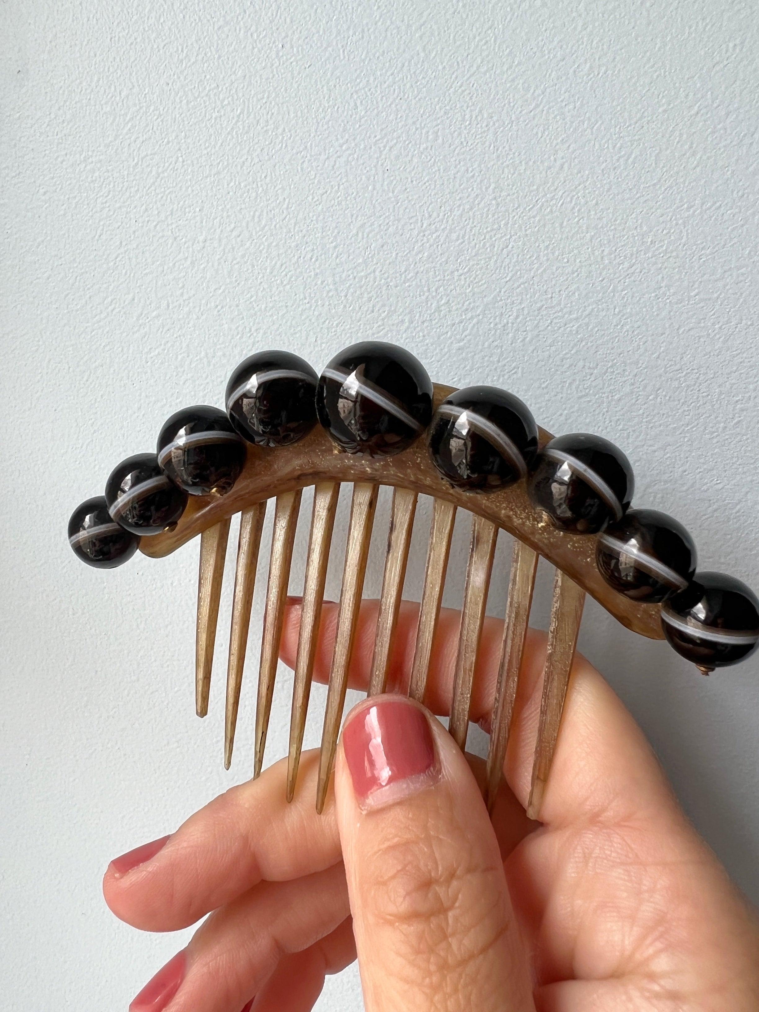 Antique banded agate bead hair comb pin tiara - Curiously timeless