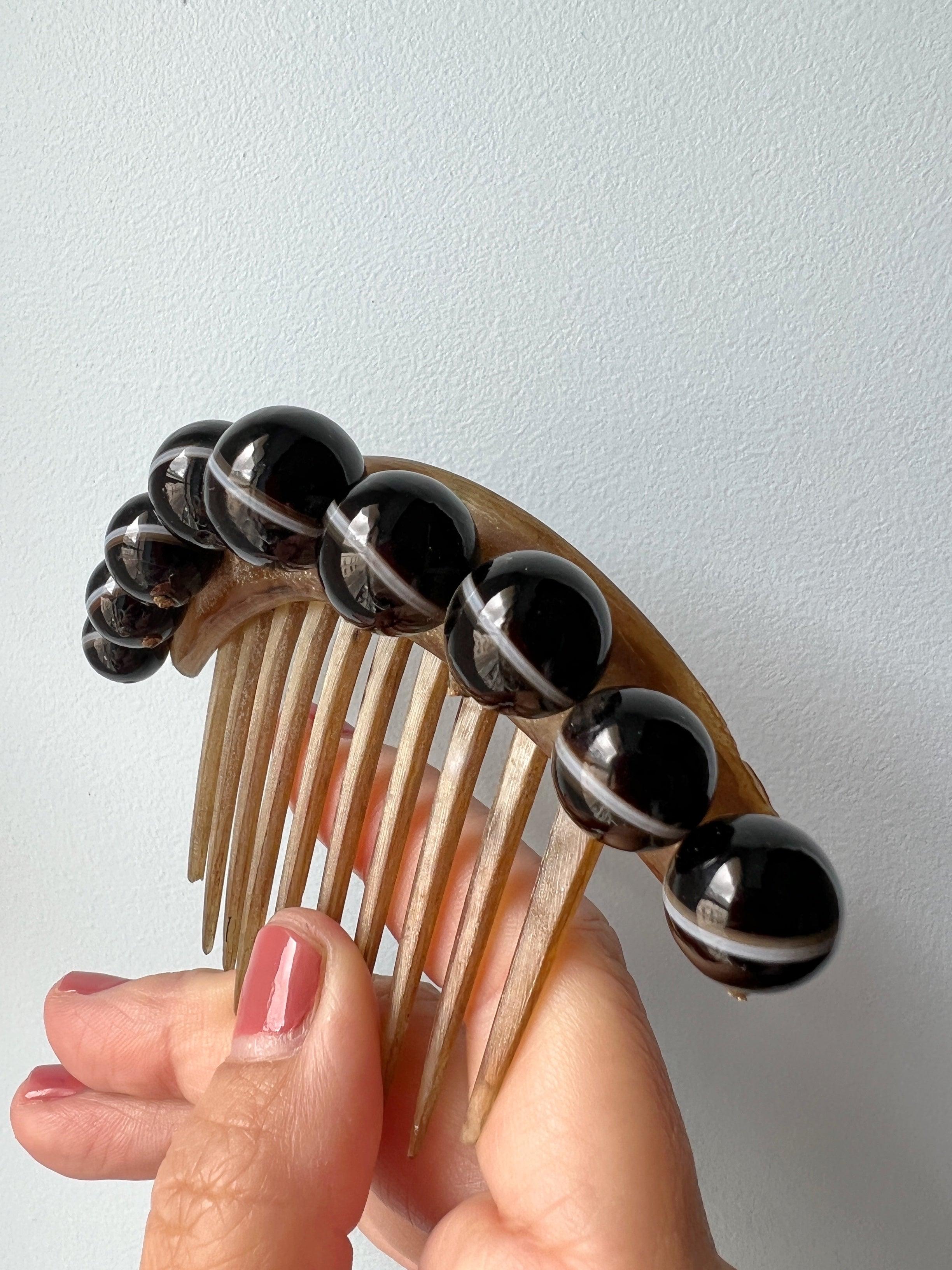 Antique banded agate bead hair comb pin tiara - Curiously timeless