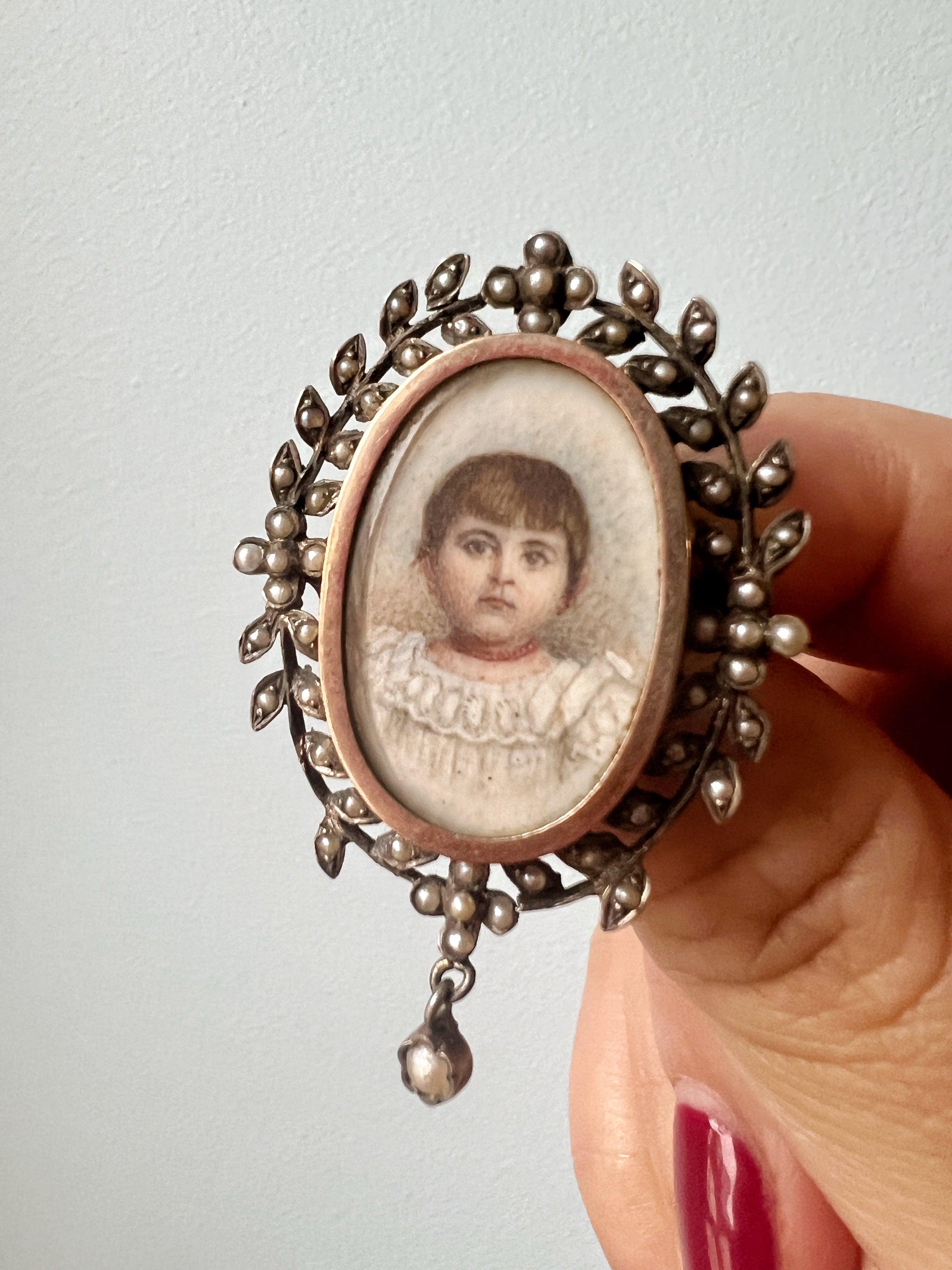 Victorian era young girl with coral necklace miniature portrait brooch - Curiously timeless