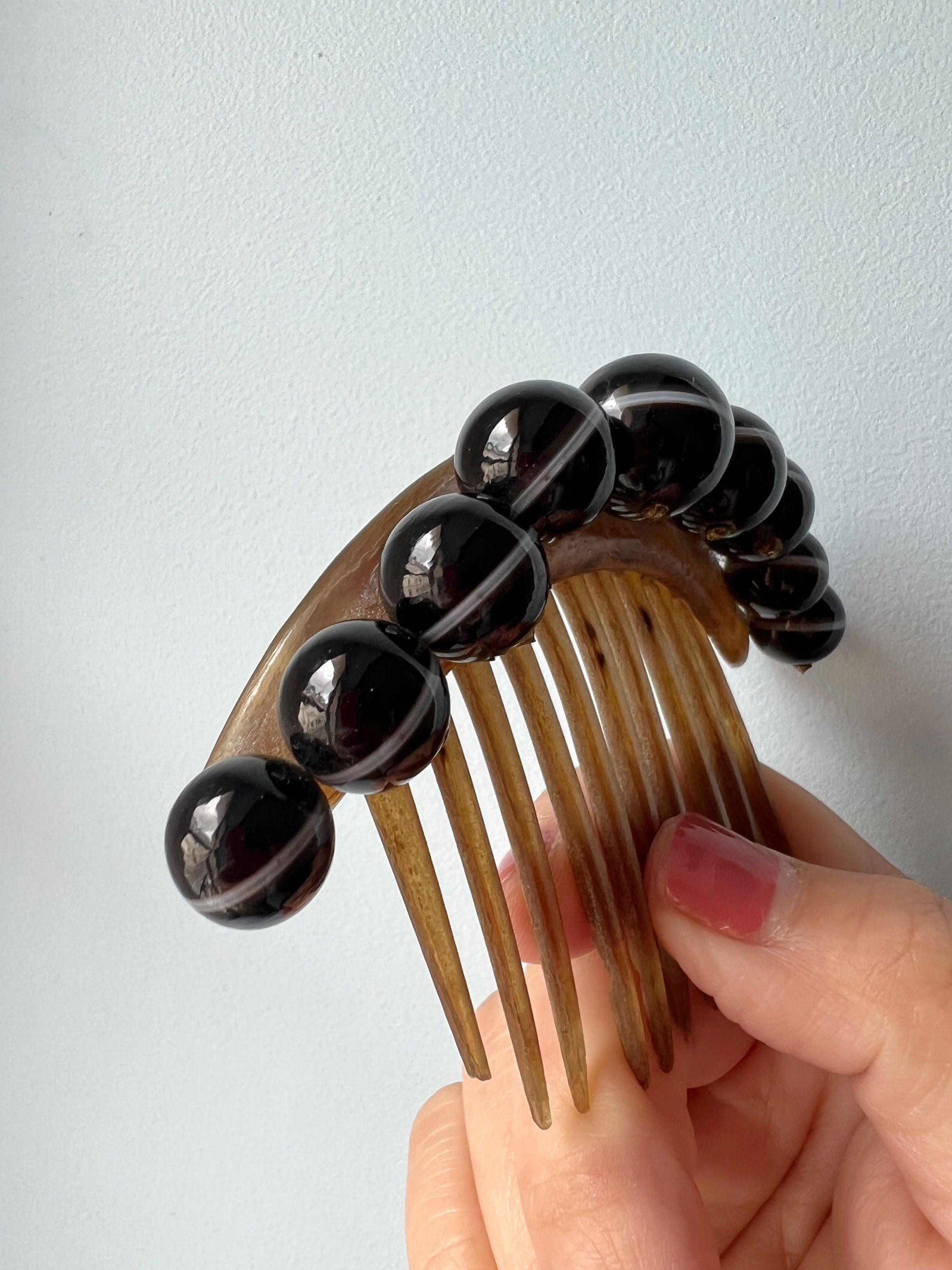 Antique banded agate bead hair comb pin tiara - Curiously timeless