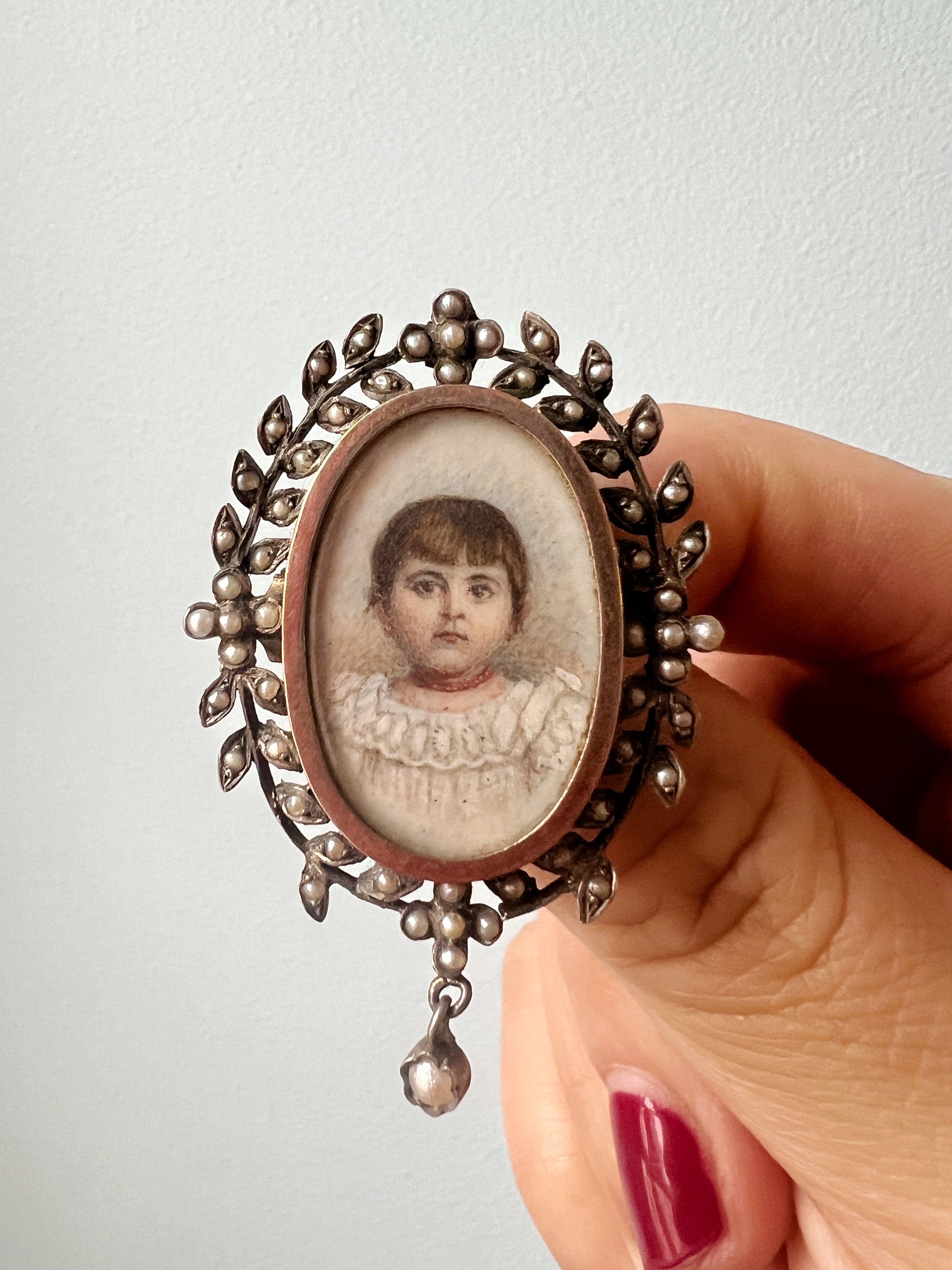 Victorian era young girl with coral necklace miniature portrait brooch - Curiously timeless