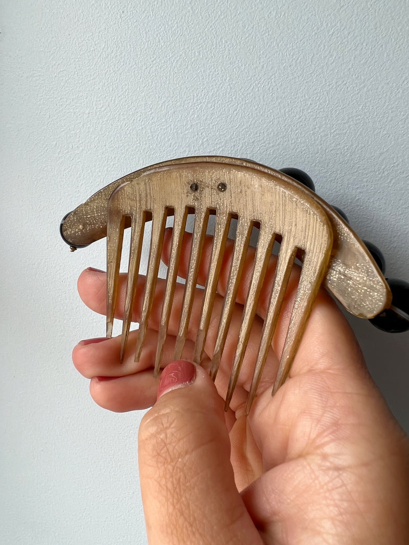 Antique banded agate bead hair comb pin tiara