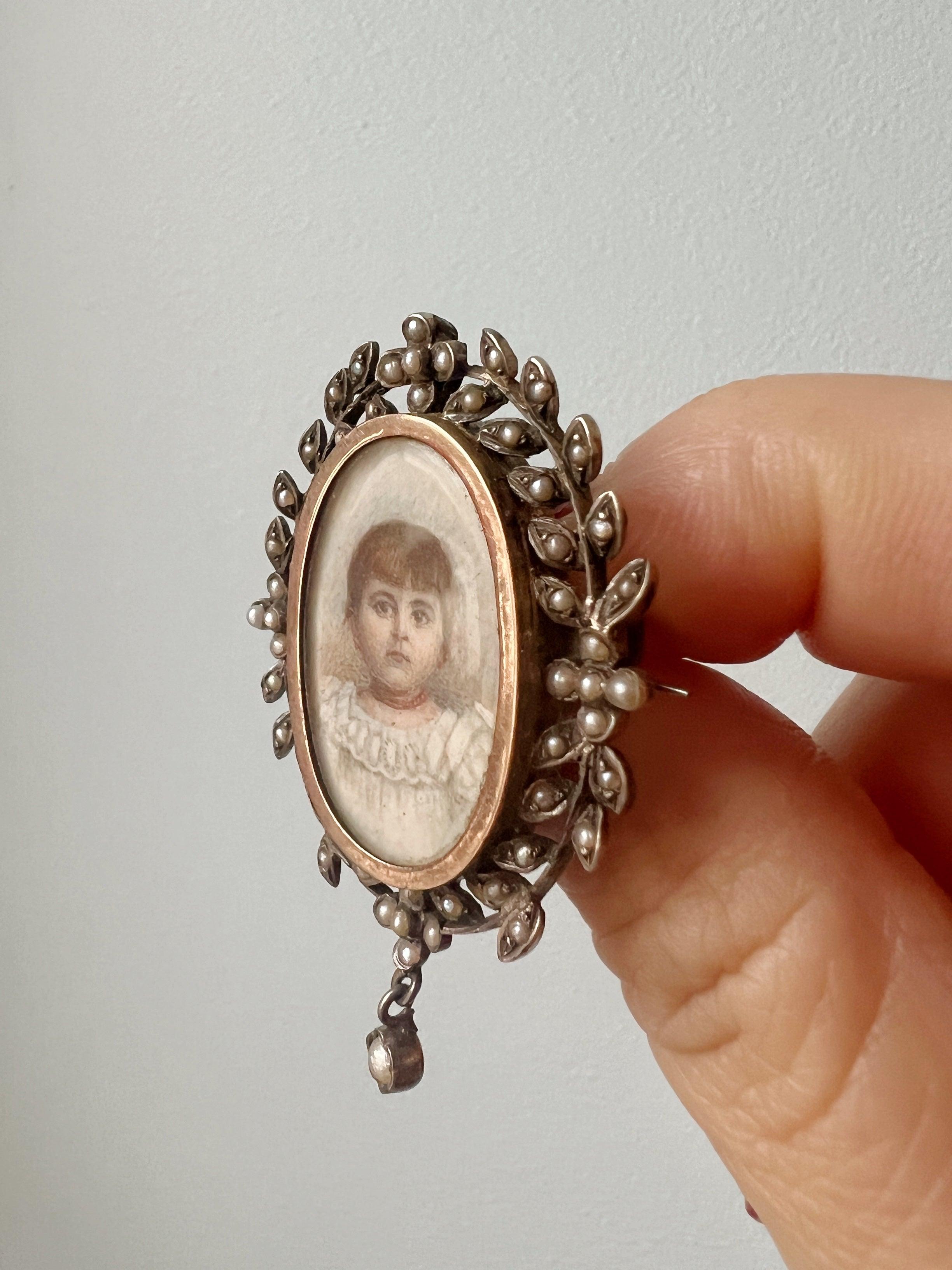 Victorian era young girl with coral necklace miniature portrait brooch - Curiously timeless