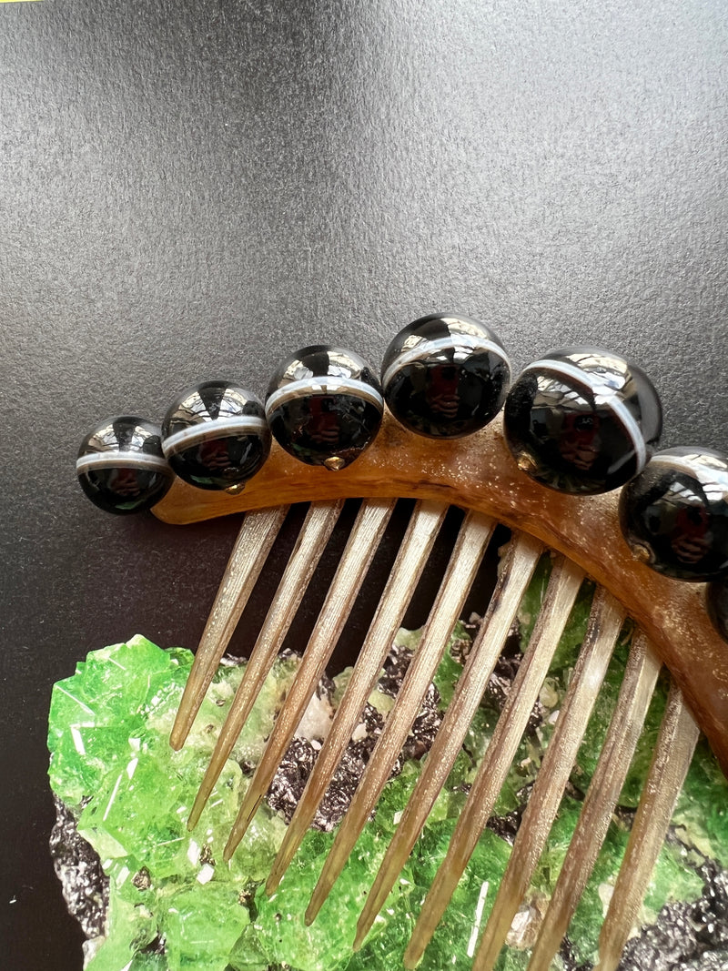 Antique banded agate bead hair comb pin tiara