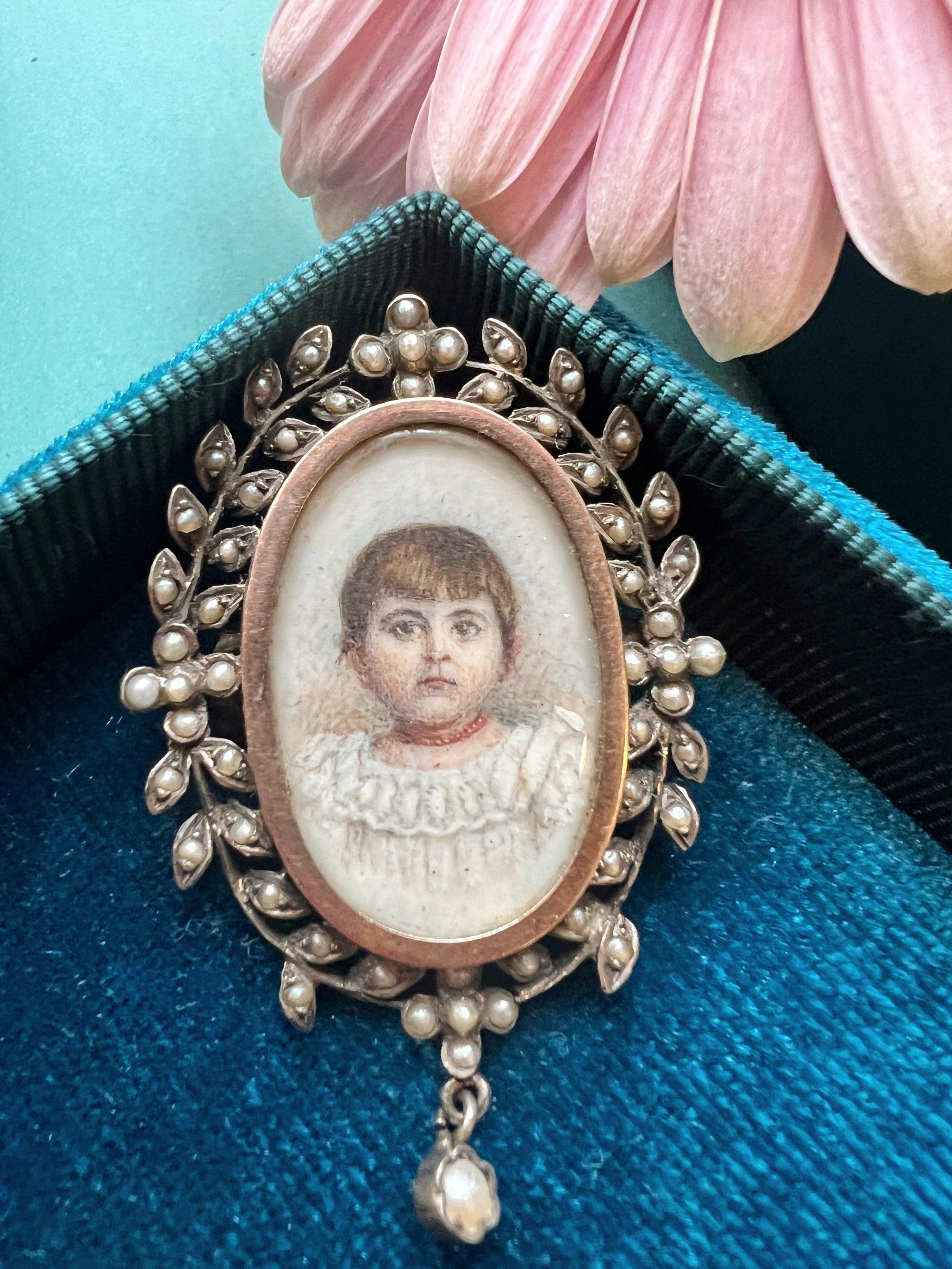 Victorian era young girl with coral necklace miniature portrait brooch - Curiously timeless