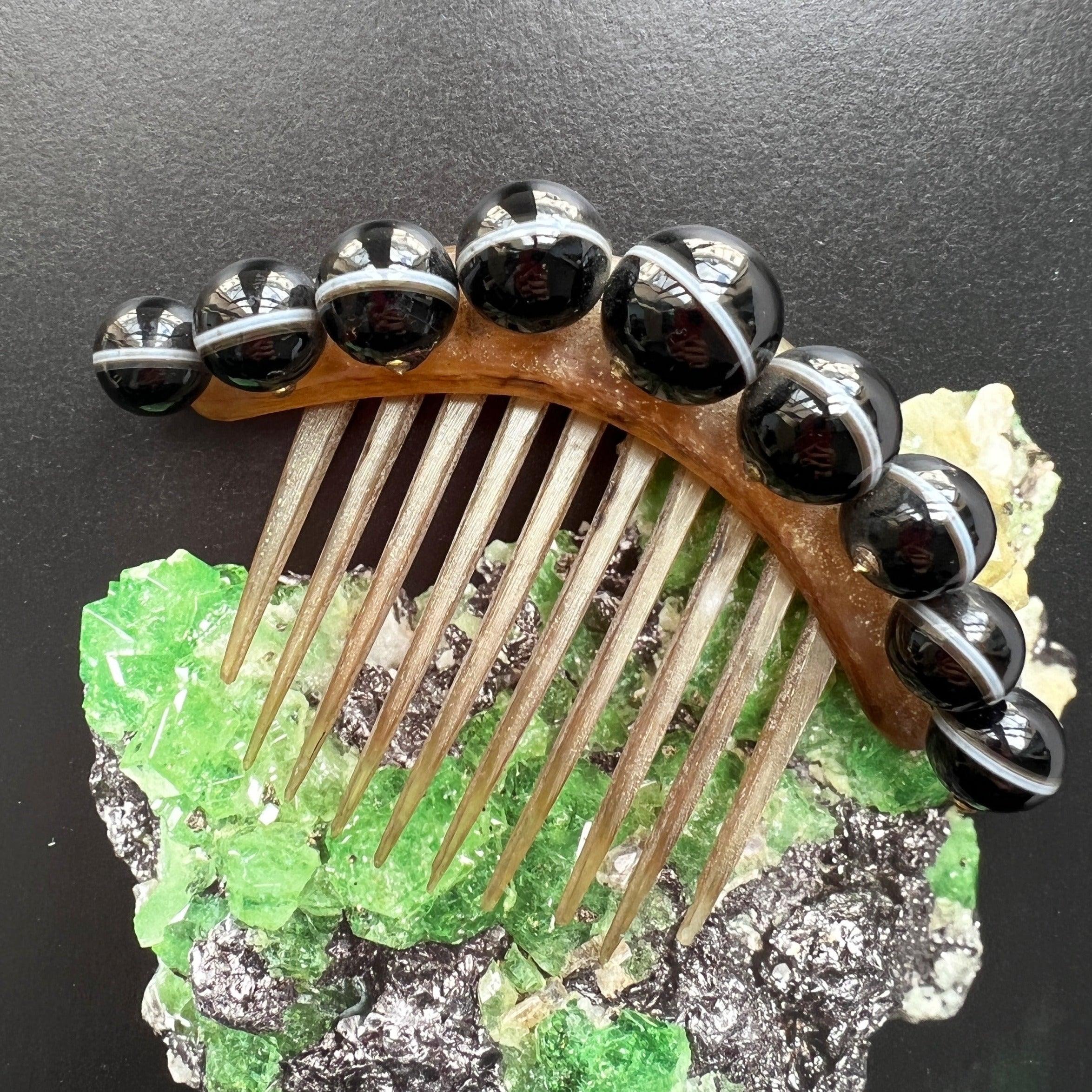 Antique banded agate bead hair comb pin tiara - Curiously timeless