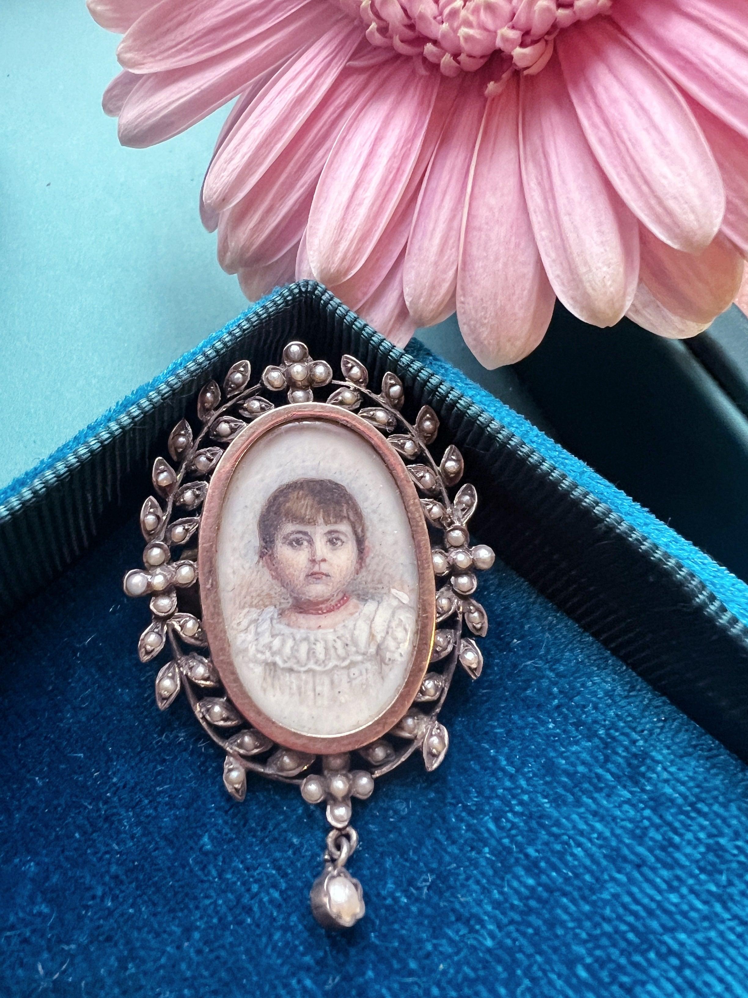 Victorian era young girl with coral necklace miniature portrait brooch - Curiously timeless