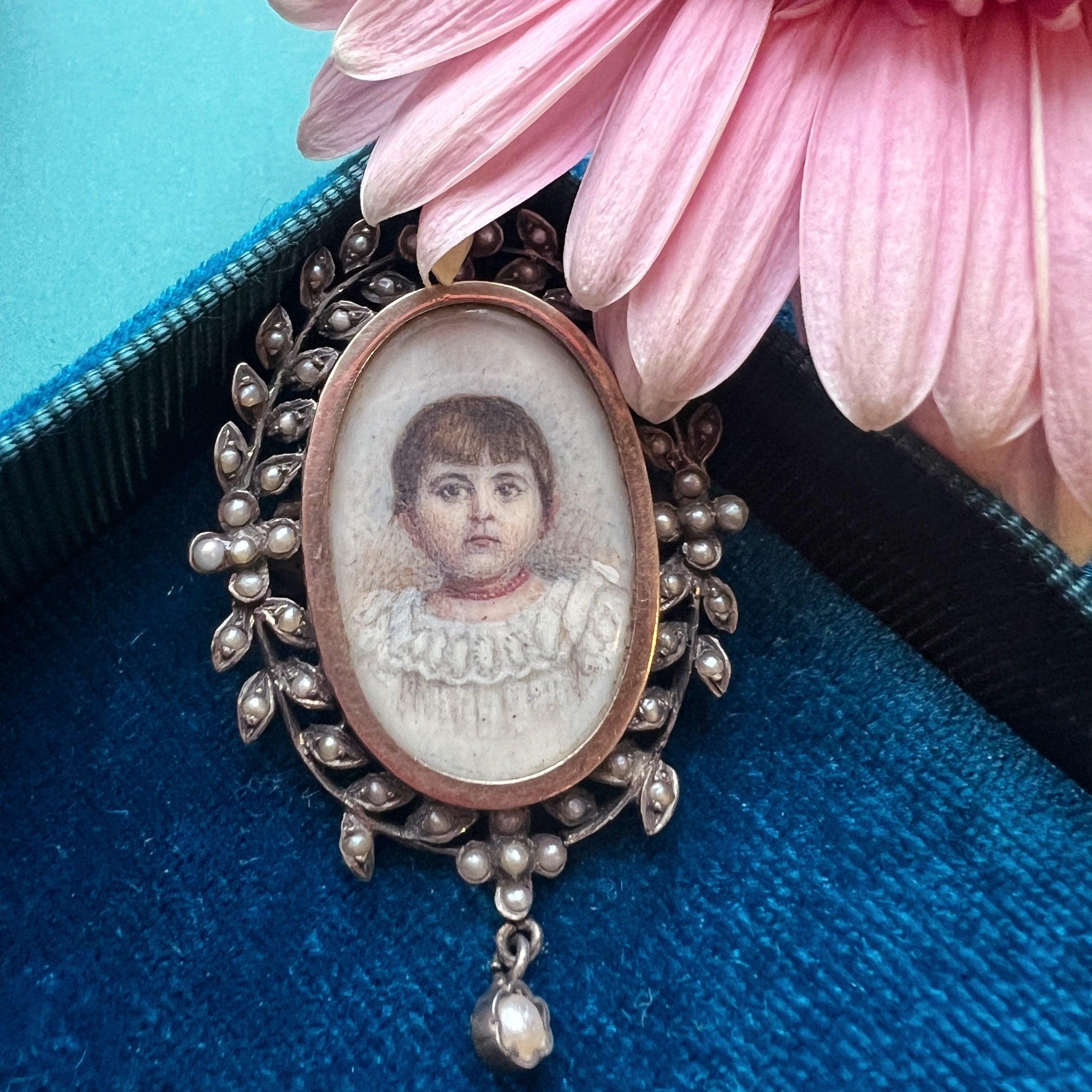 Victorian era young girl with coral necklace miniature portrait brooch - Curiously timeless