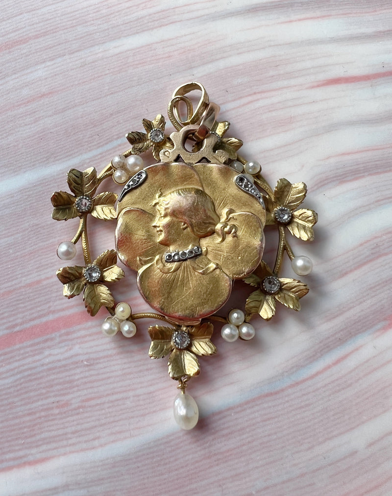 Art Nouveau era Lady Pansy 18K gold diamond mirror pendant