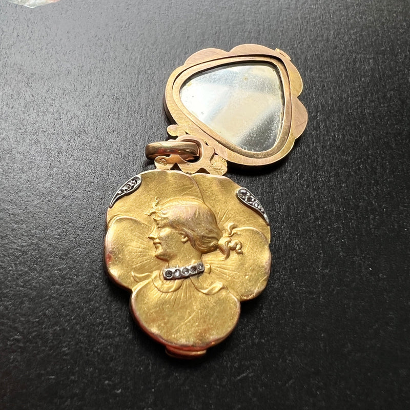 Art Nouveau era Lady Pansy 18K gold diamond mirror pendant