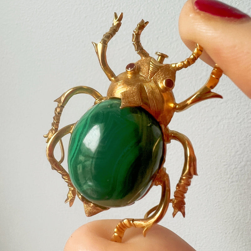 Important 18K gold malachite ruby Scarab brooch