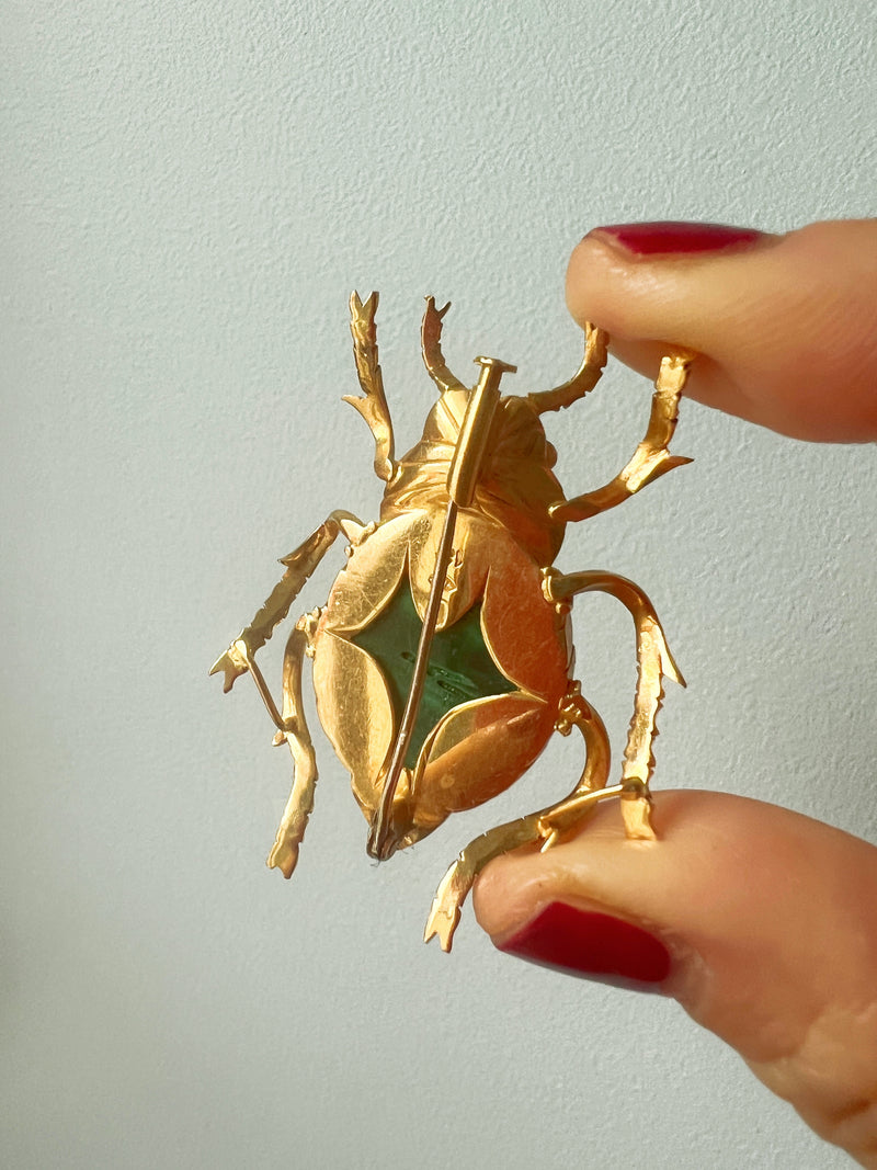 Important 18K gold malachite ruby Scarab brooch