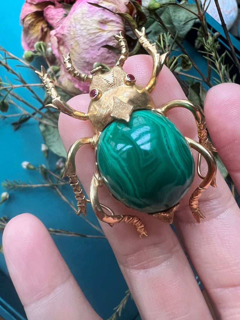 Important 18K gold malachite ruby Scarab brooch