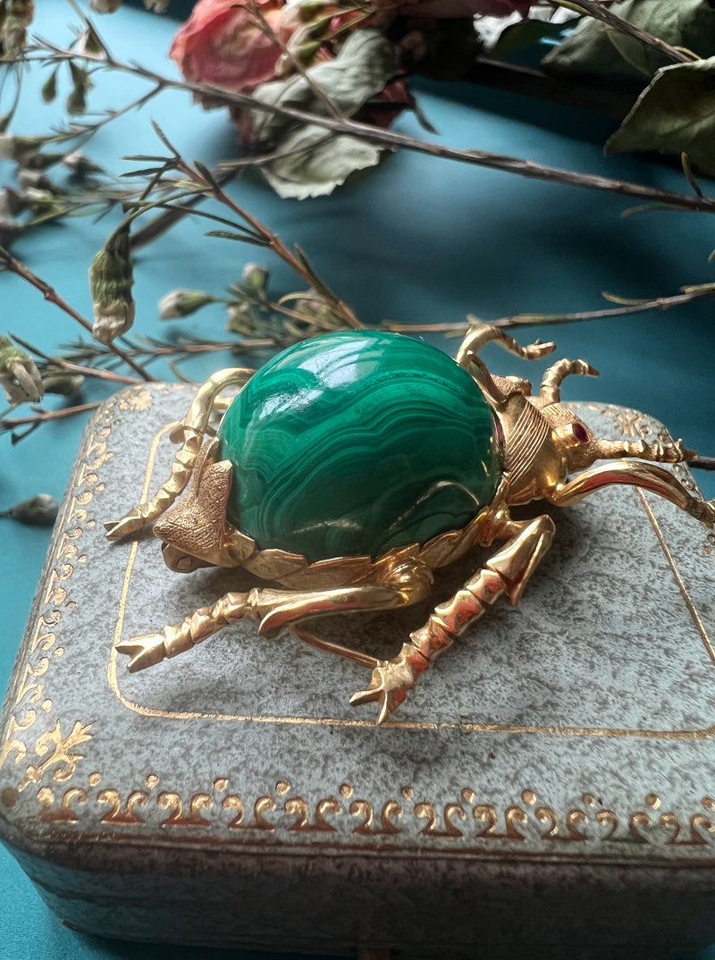 Important 18K gold malachite ruby Scarab brooch