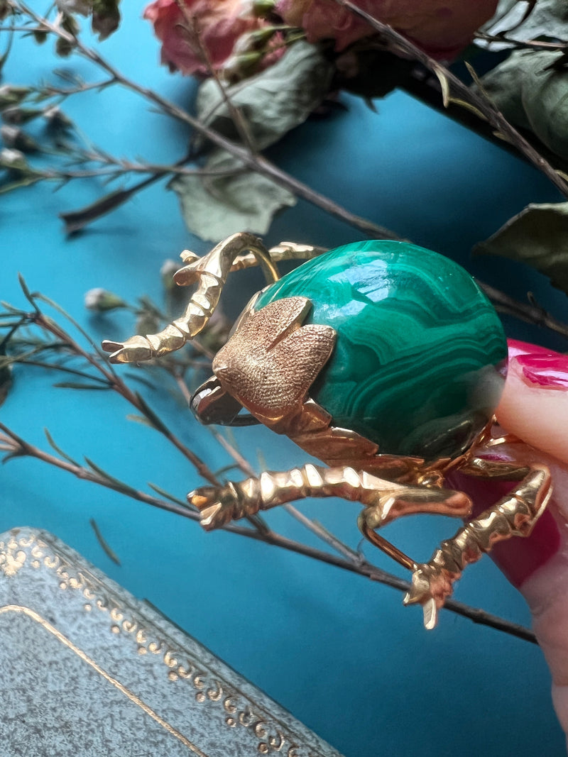 Important 18K gold malachite ruby Scarab brooch