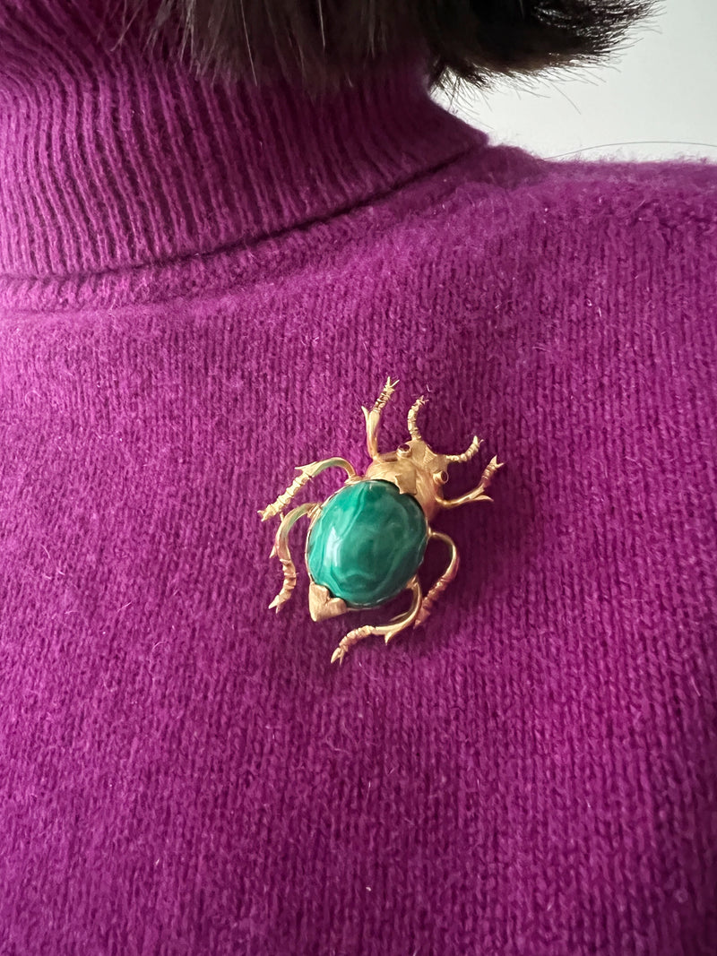 Important 18K gold malachite ruby Scarab brooch