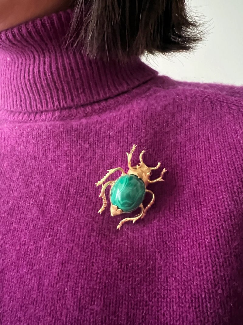 Important 18K gold malachite ruby Scarab brooch