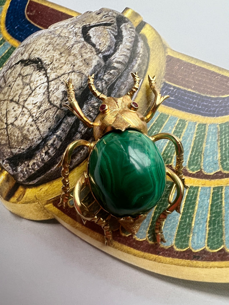 Important 18K gold malachite ruby Scarab brooch