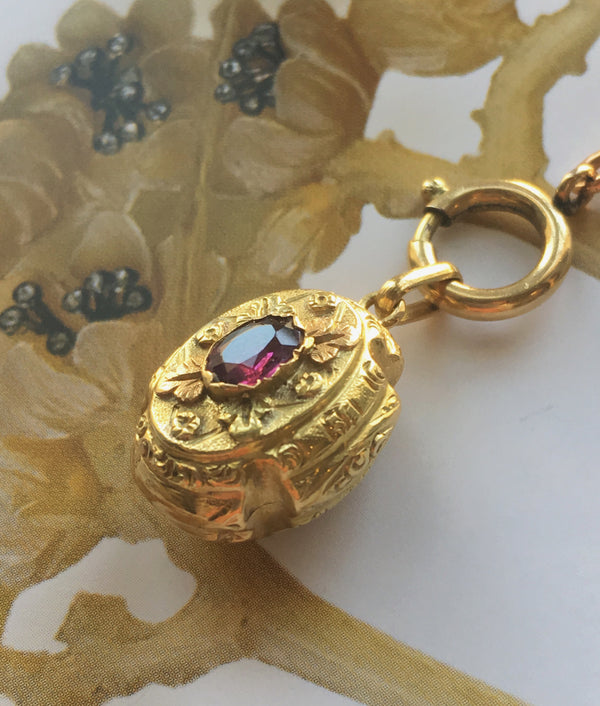 Victorian era doubled side 18K gold garnet floral pendant ball charm