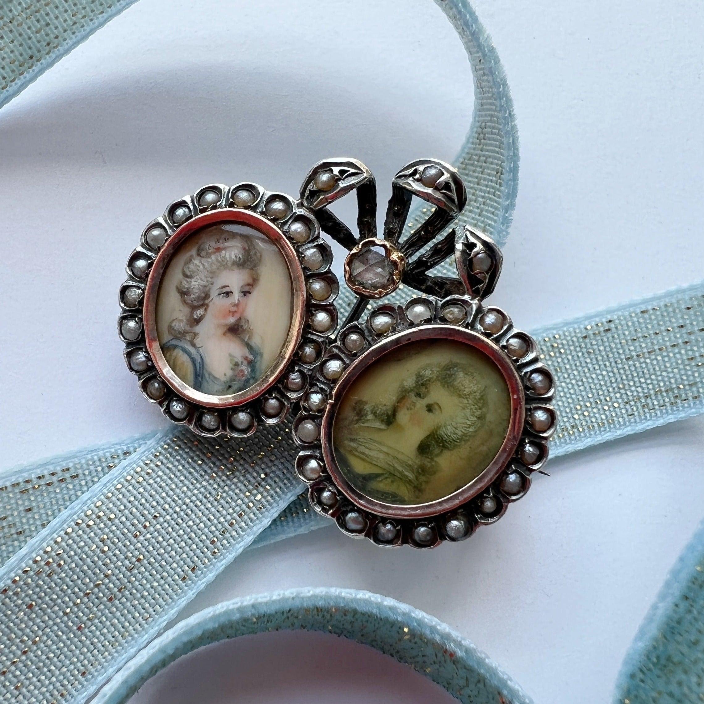 Antique double miniature portraits diamond pearl brooch - Curiously timeless