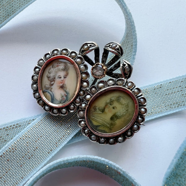 Antique double miniature portraits diamond pearl brooch