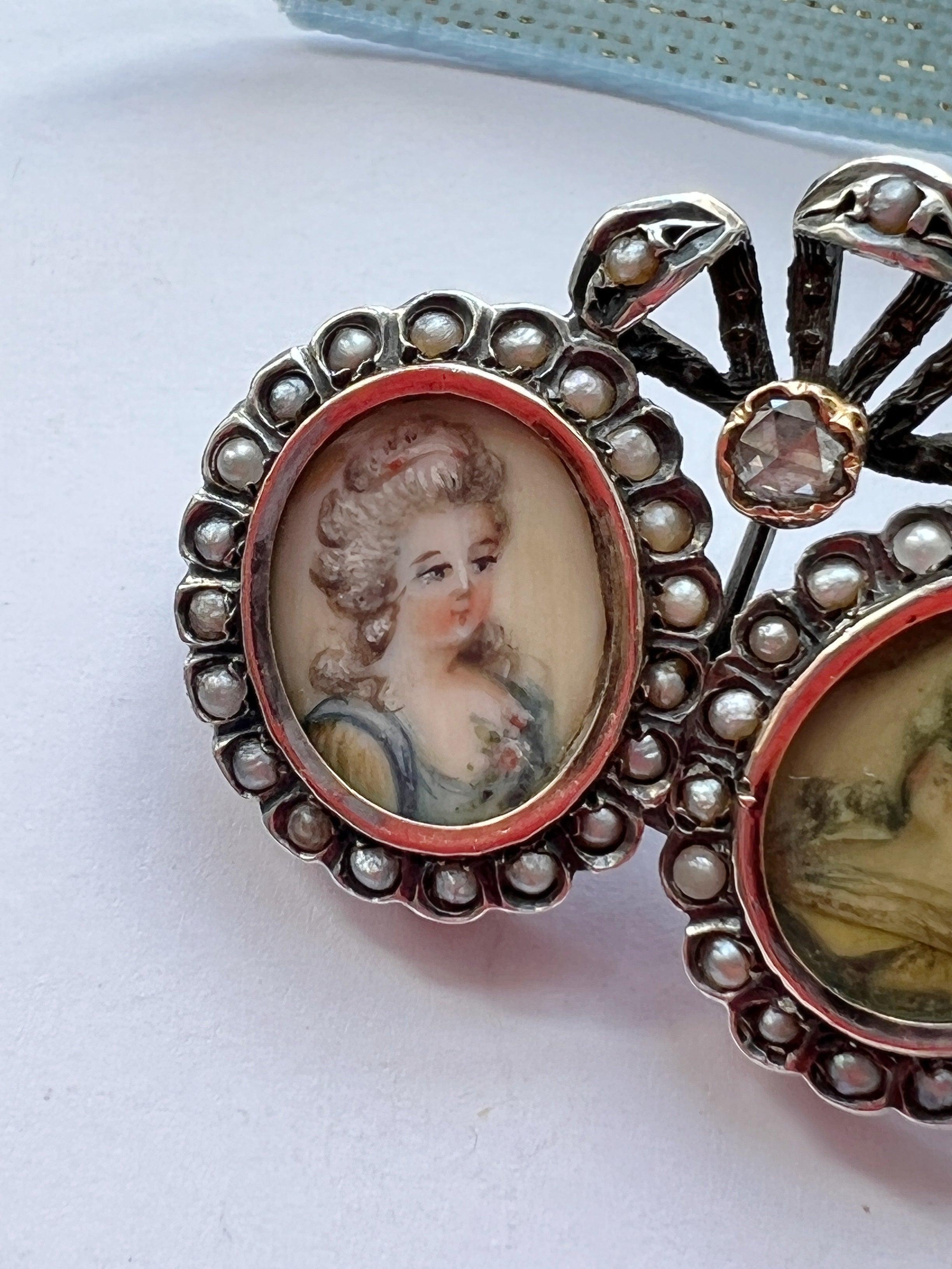 Antique double miniature portraits diamond pearl brooch - Curiously timeless