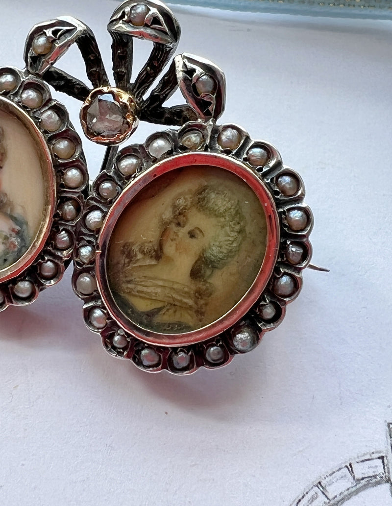 Antique double miniature portraits diamond pearl brooch