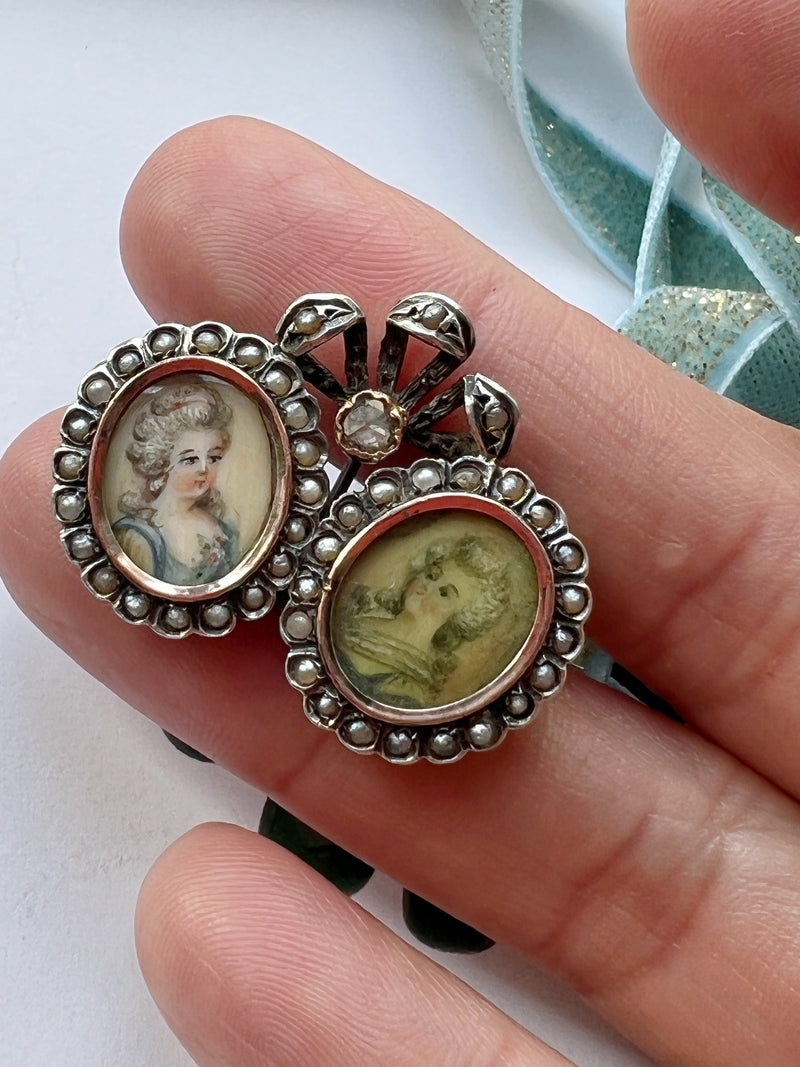 Antique double miniature portraits diamond pearl brooch