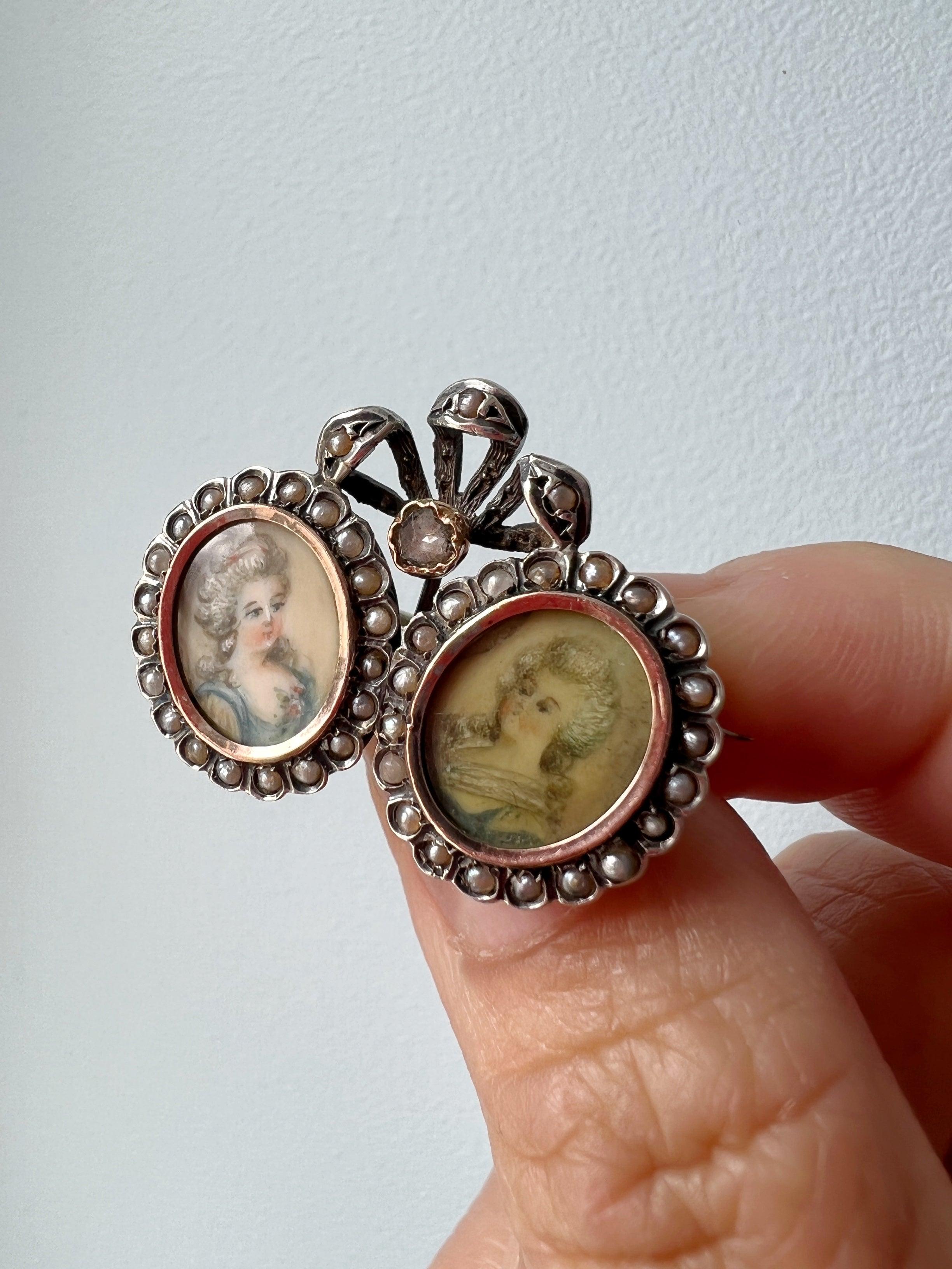 Antique double miniature portraits diamond pearl brooch - Curiously timeless