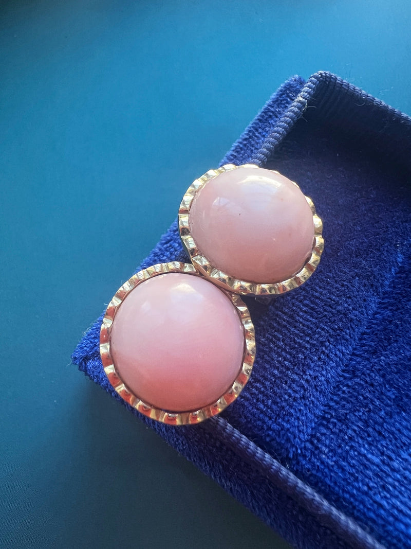 Vintage 18K gold pink coral button clip earrings