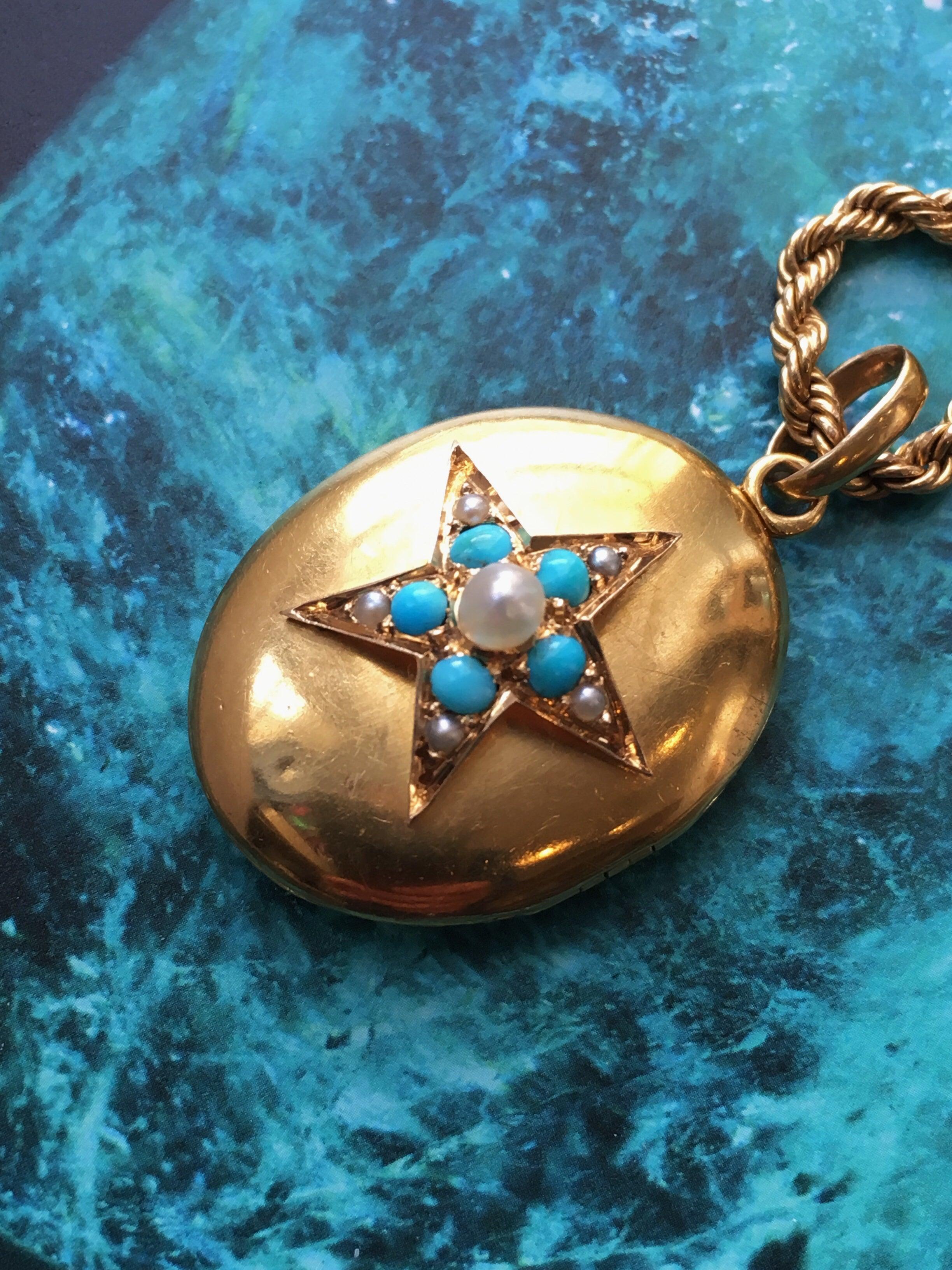 Victorian era 18K gold turquoise pearl star locket medaillon pendant - Curiously timeless