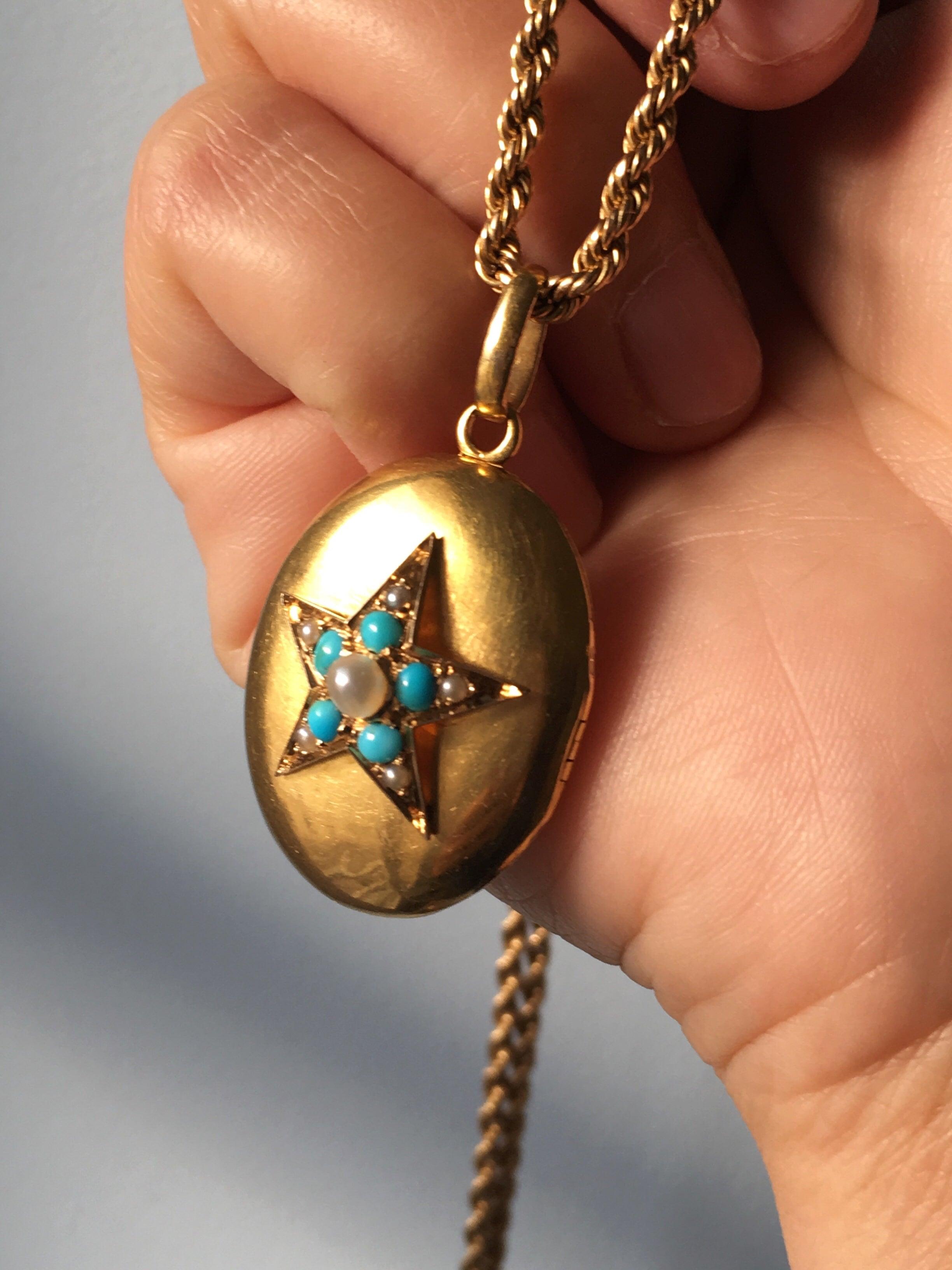 Victorian era 18K gold turquoise pearl star locket medaillon pendant - Curiously timeless