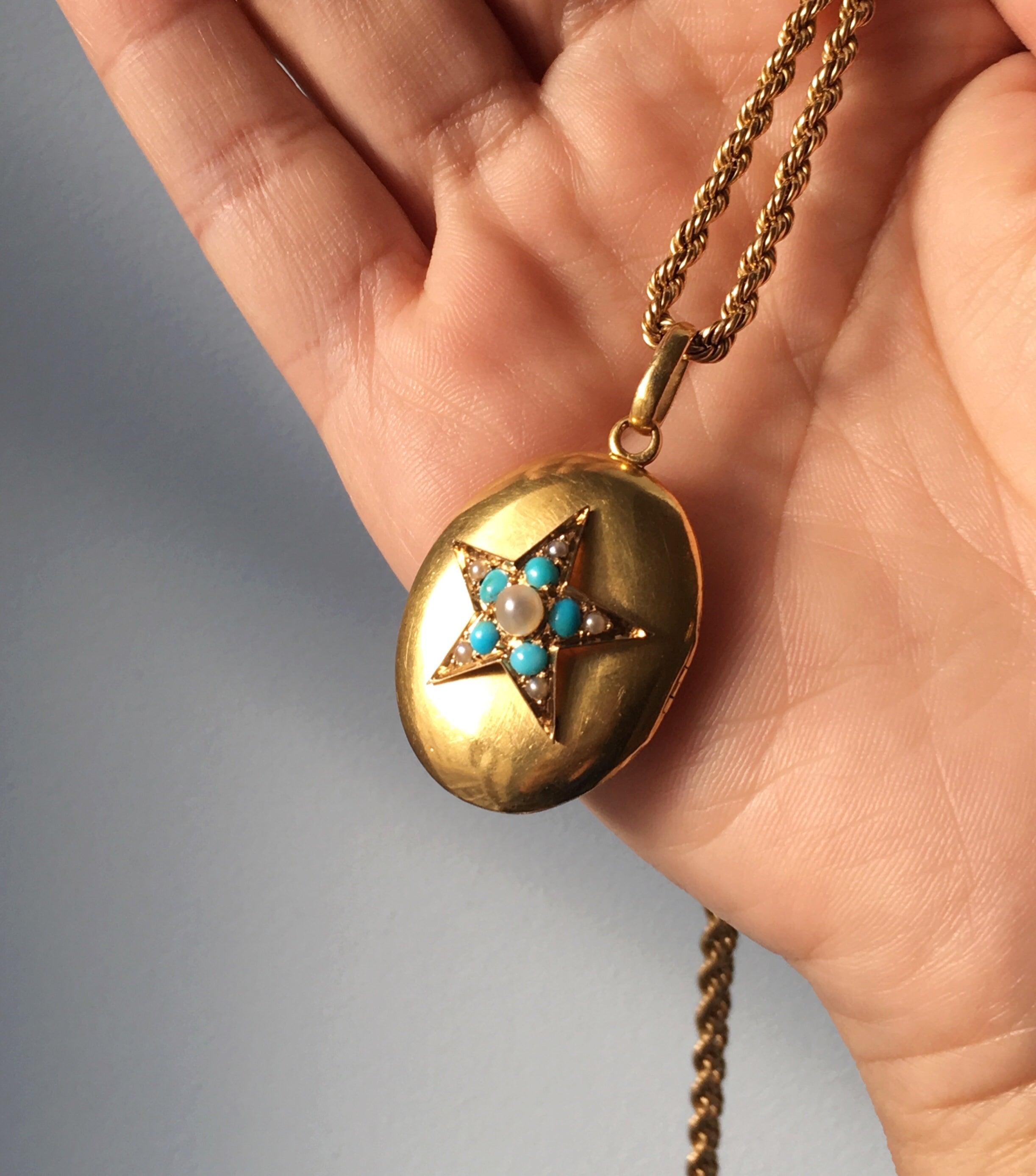 Victorian era 18K gold turquoise pearl star locket medaillon pendant - Curiously timeless