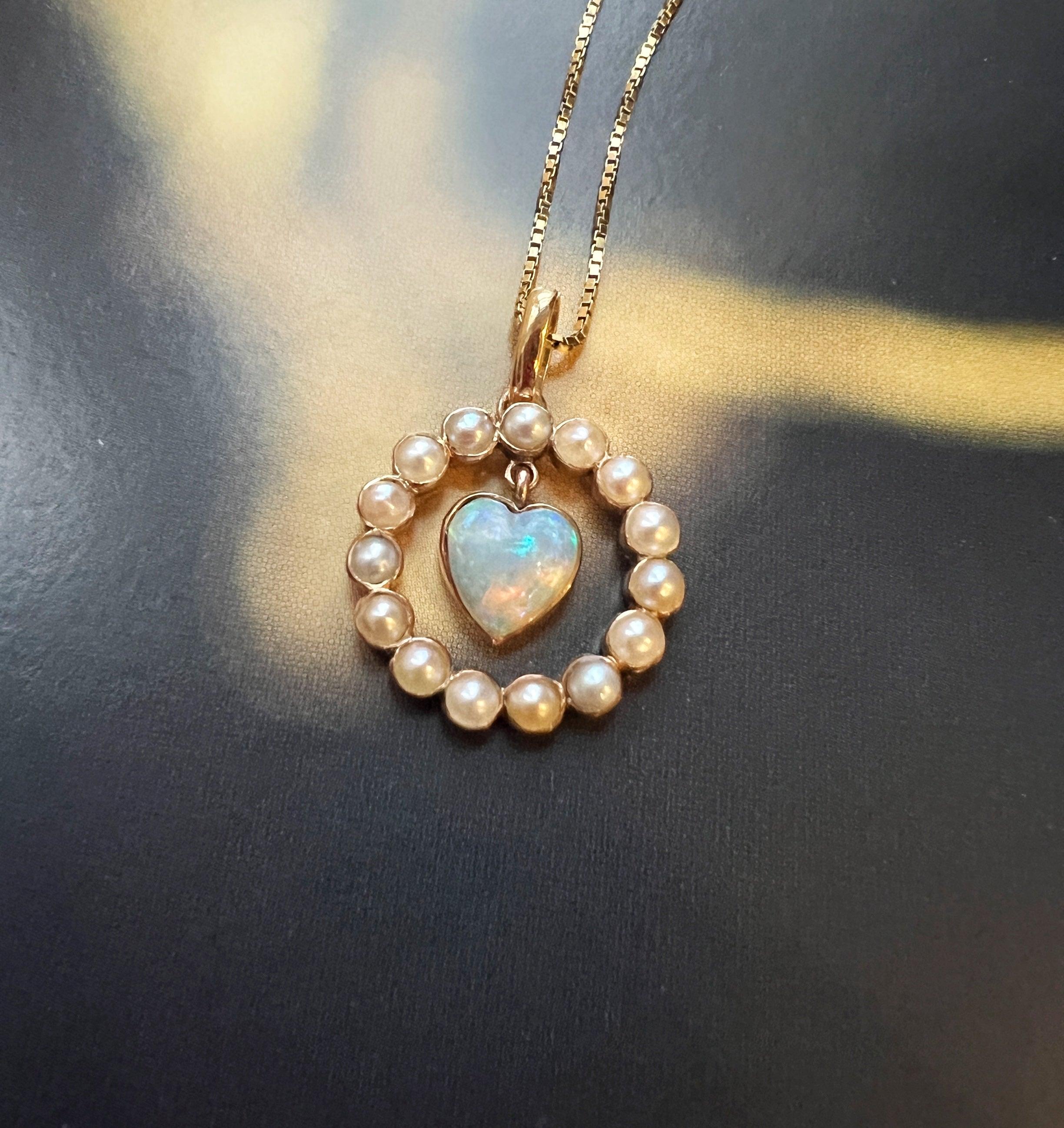 Sweet antique 18K gold swinging opal heart pearl pendant - Curiously timeless